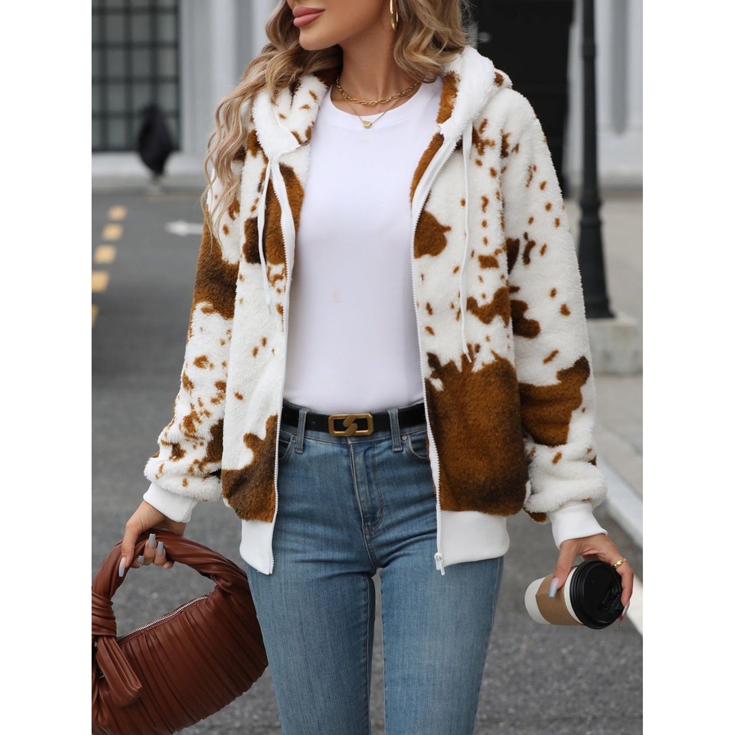 Fuzzy Drawstring Zip Up Hooded Jacket