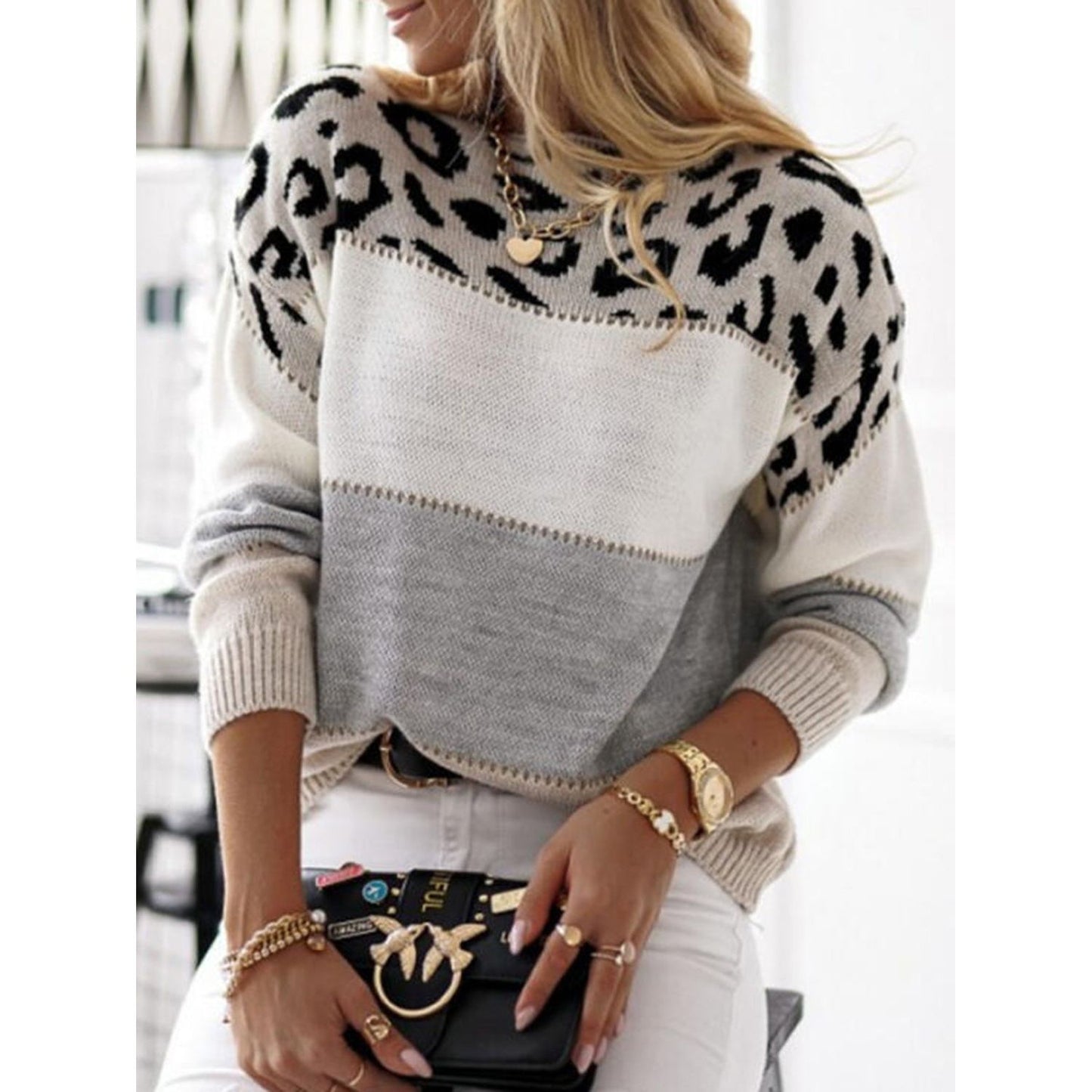 Leopard Color Block Round Neck Long Sleeve Sweater