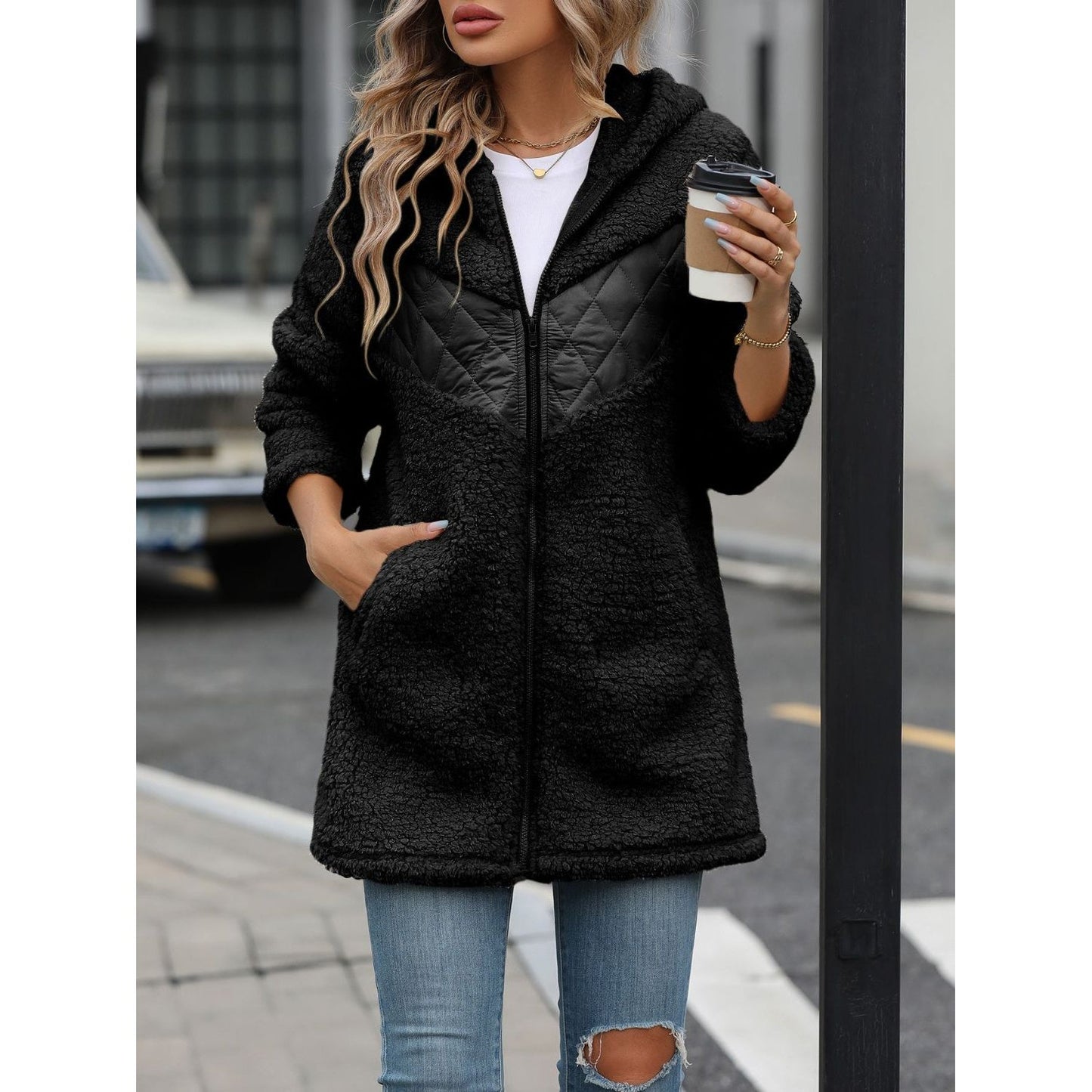 Fuzzy Zip Up Long Sleeve Hooded Jacket