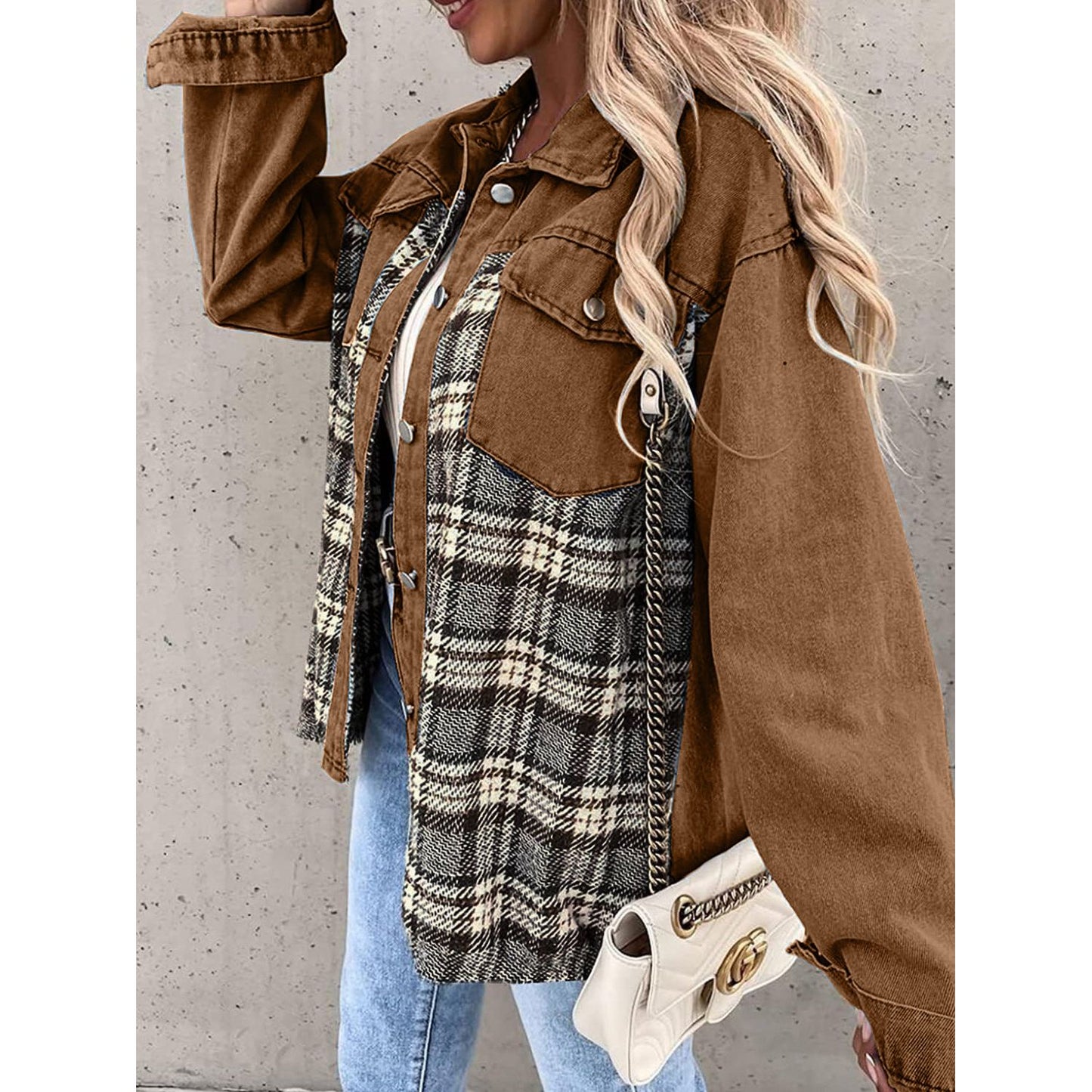 Plaid Button Up Dropped Shoulder Jacket