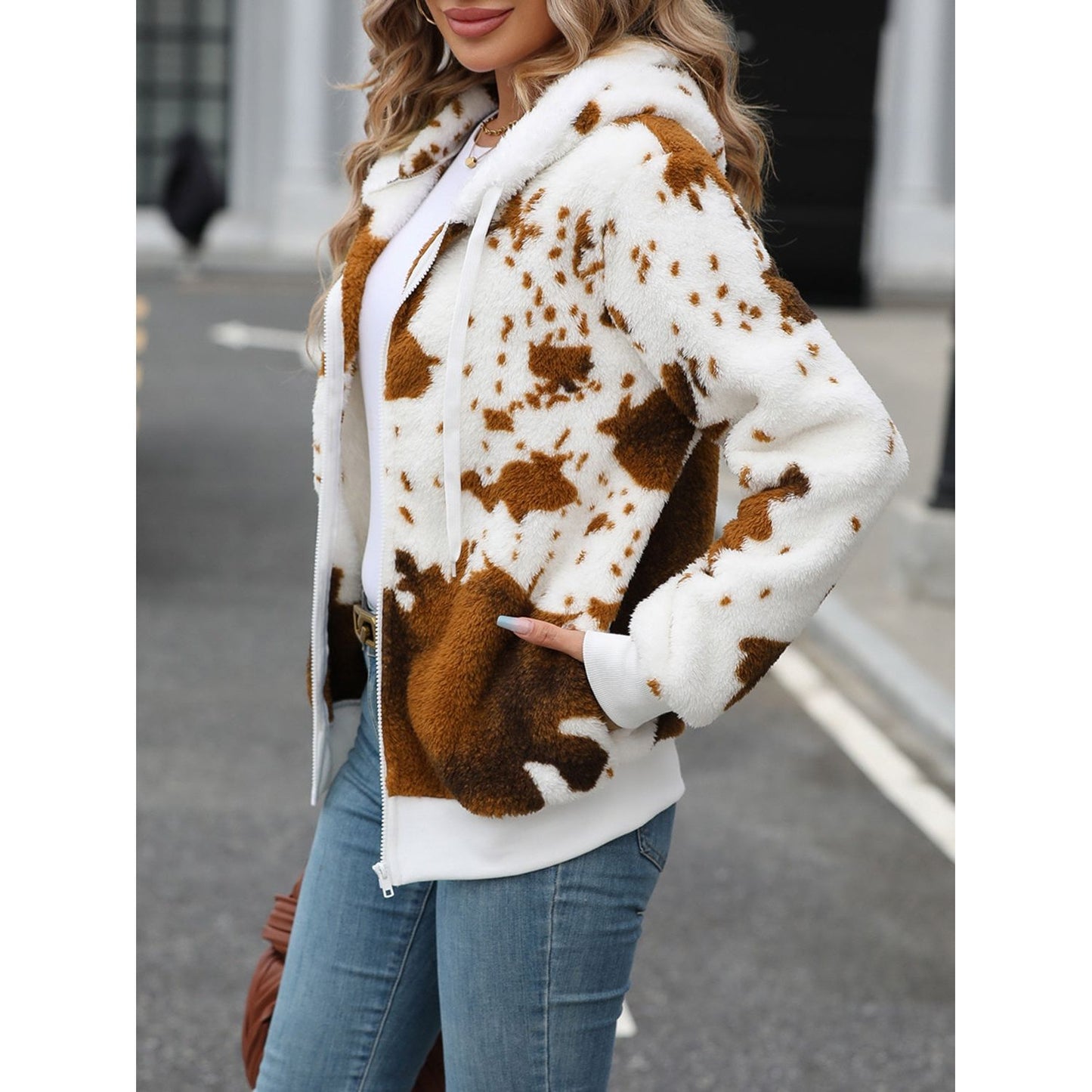 Fuzzy Drawstring Zip Up Hooded Jacket