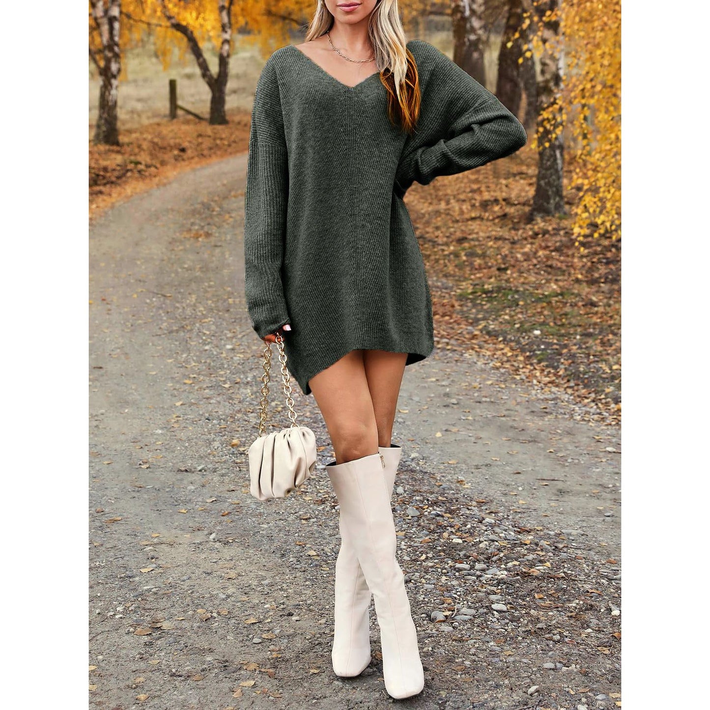 V-Neck Dropped Shoulder Sweater Dress