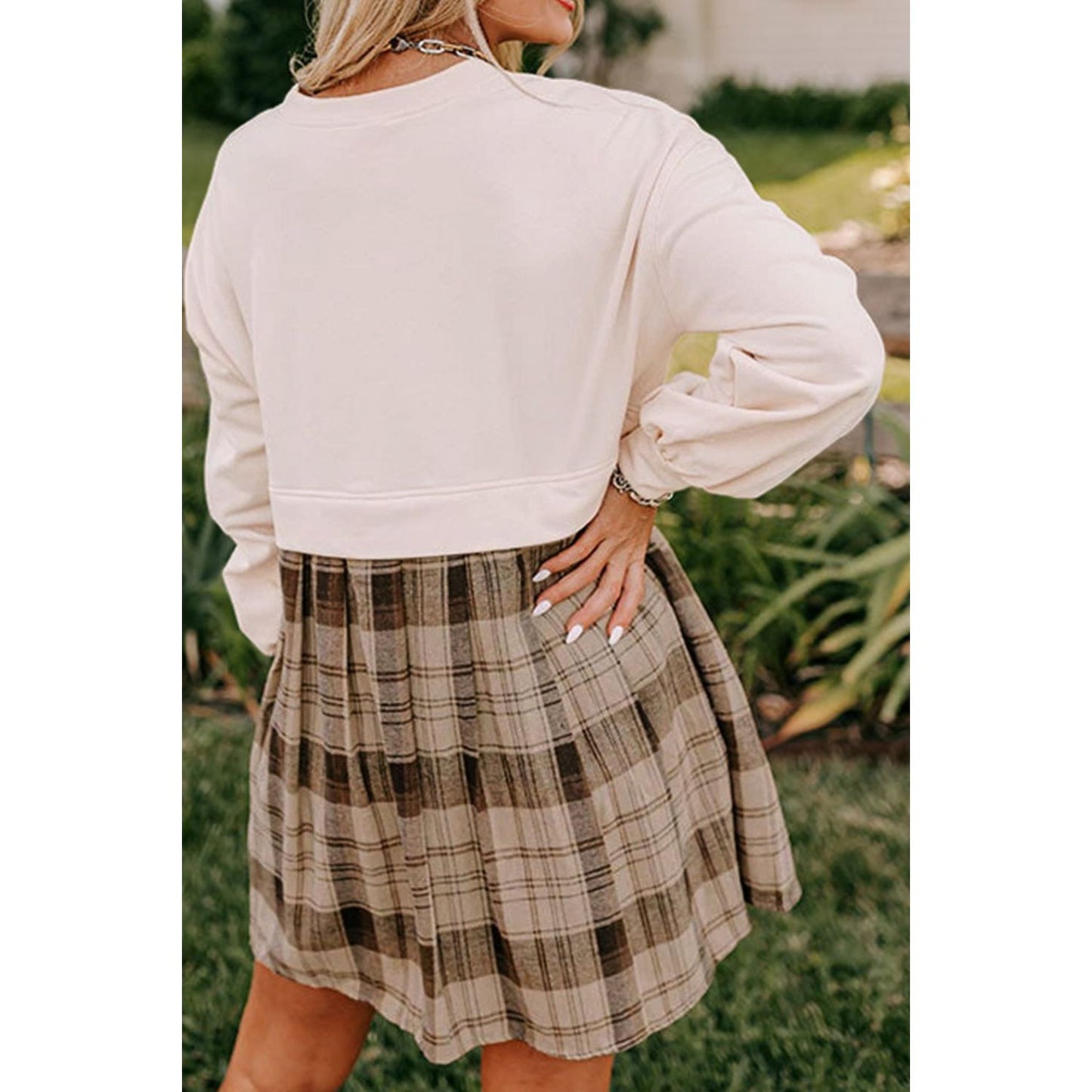 Plaid Round Neck Long Sleeve Mini Dress