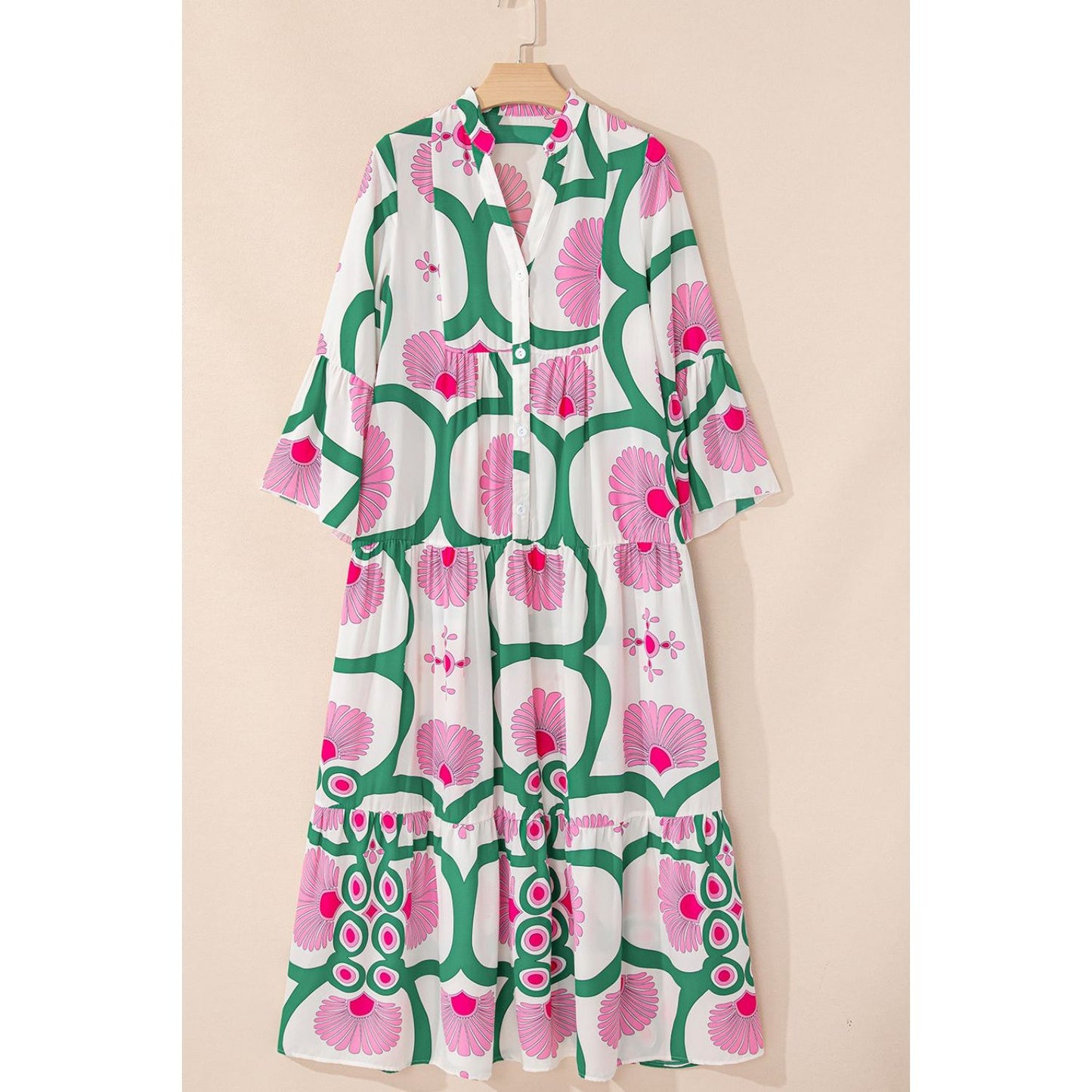 Printed Notched Long Sleeve Maxi Dress