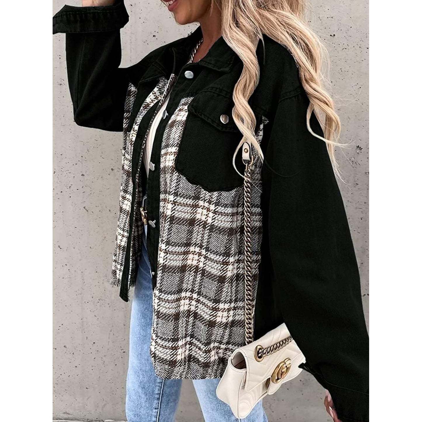 Plaid Button Up Dropped Shoulder Jacket