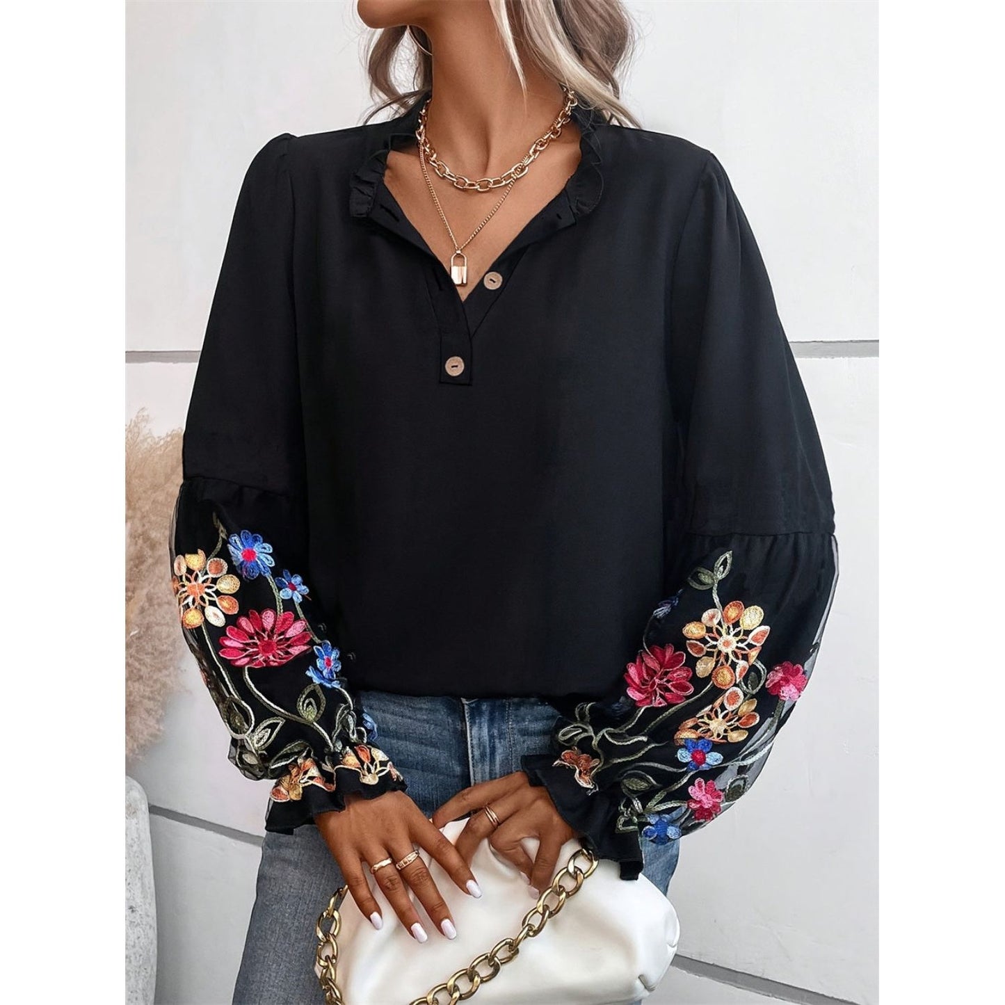 Embroidered Notched Long Sleeve Blouse