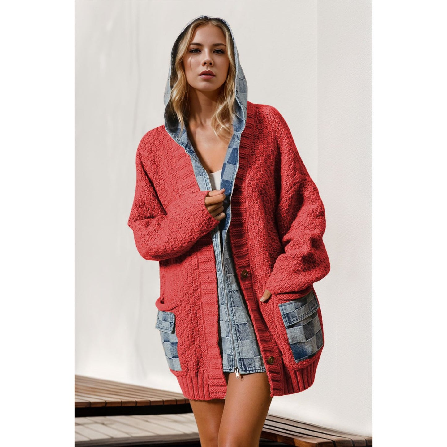 Double Take Full Size Hooded Denim Spliced Sweater Cardigan