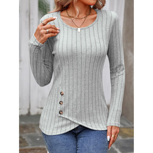 Decorative Button Round Neck Long Sleeve T-Shirt