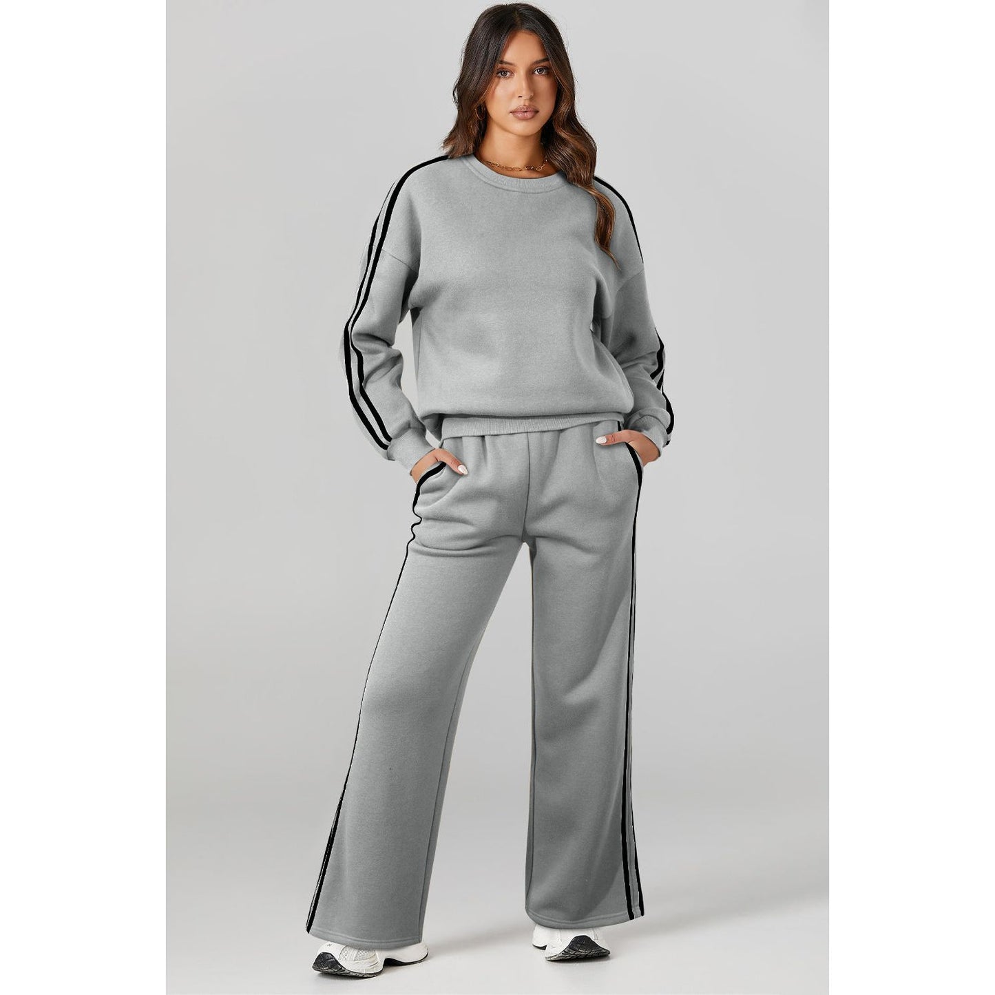 Round Neck Long Sleeve Top and Pants Active Set