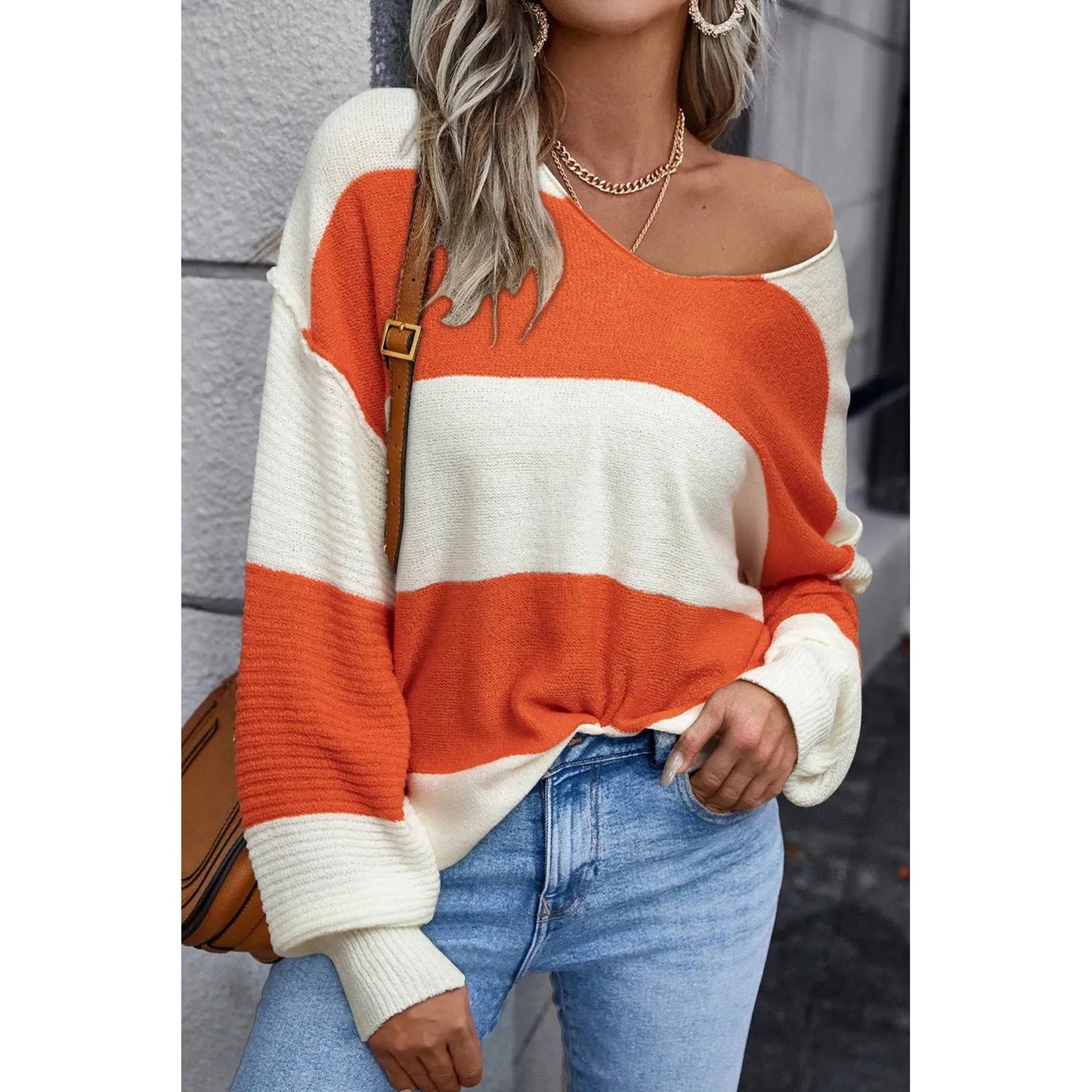 Color Block Dropped Shoulder V-Neck Sweater