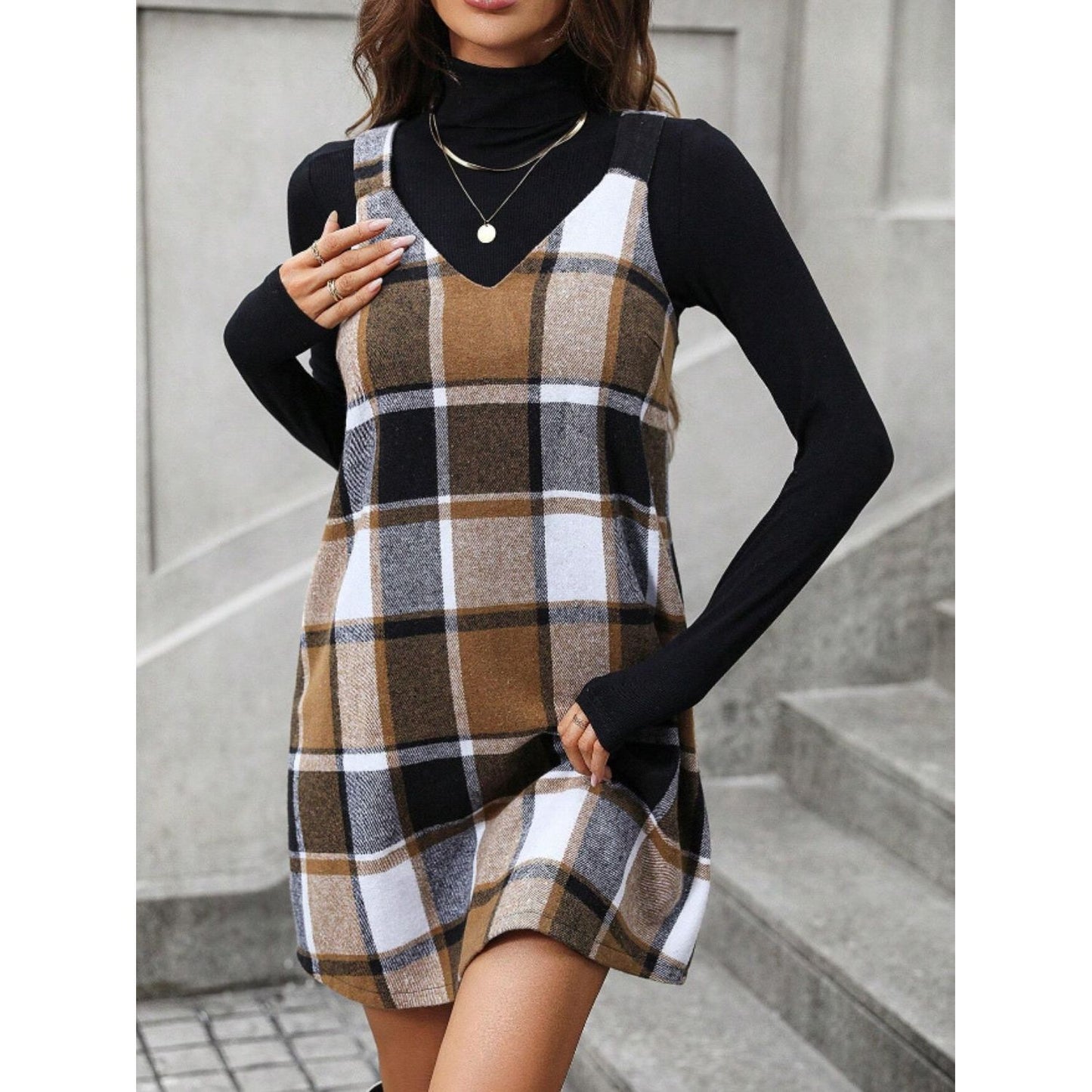 Plaid V-Neck Wide Strap Dress