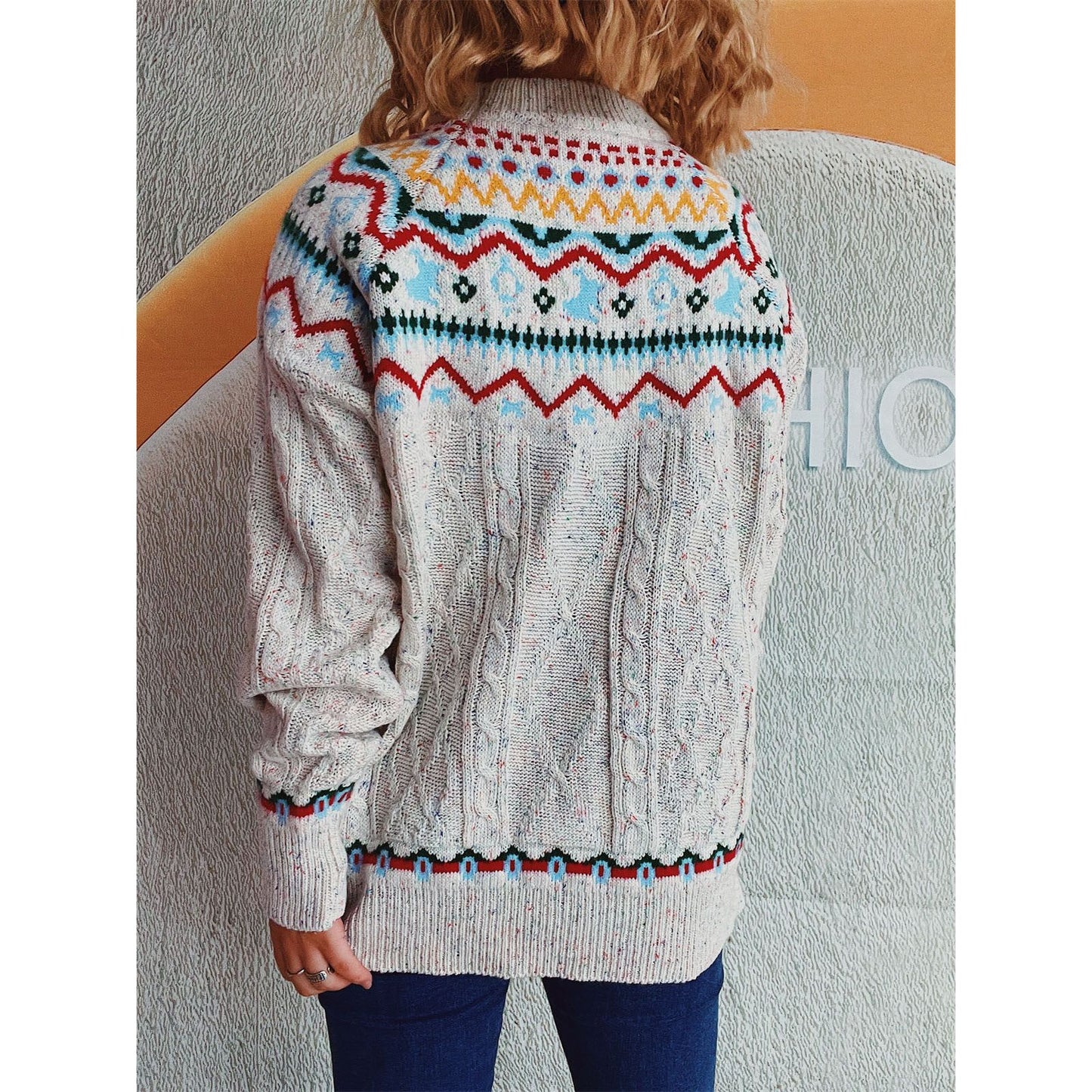 Cable-Knit Mock Neck Long Sleeve Sweater