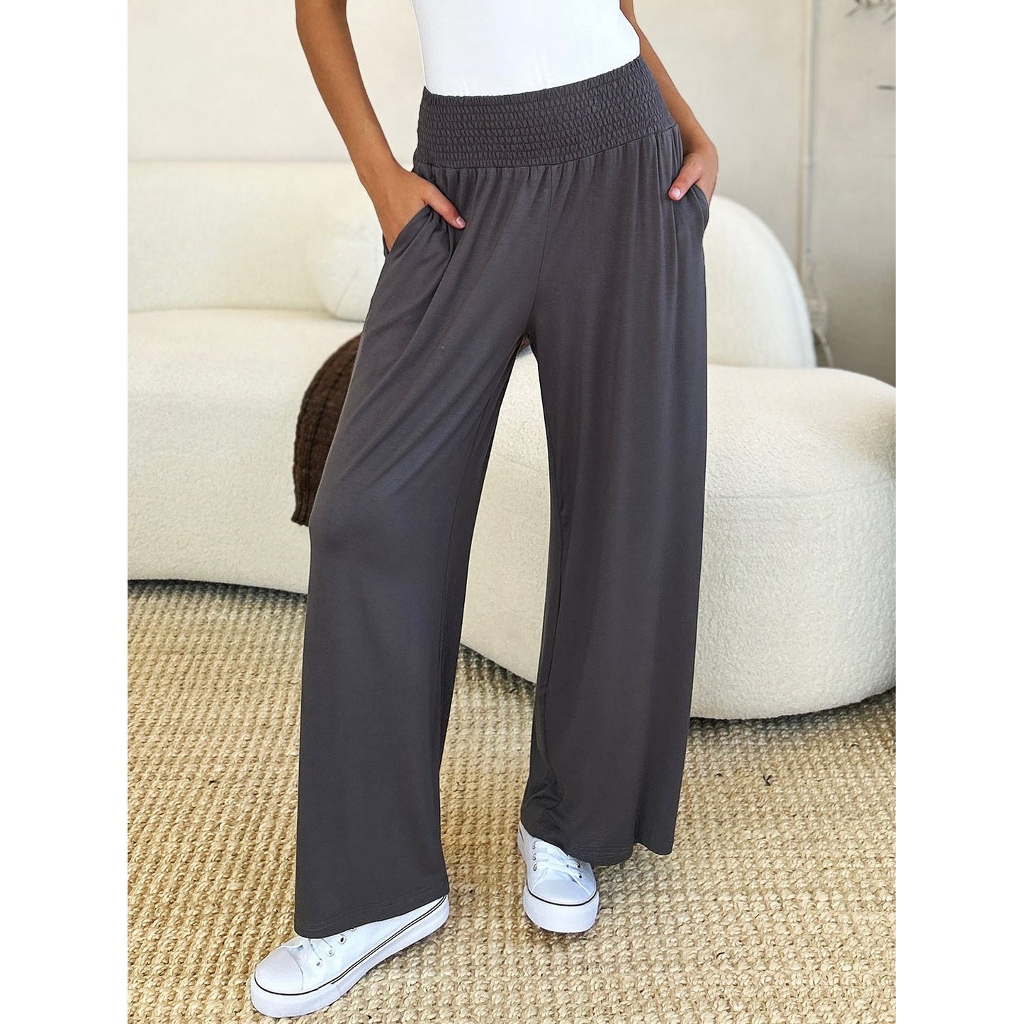 Double Take Full Size Smocked Wide Waistband Wide Leg Pants