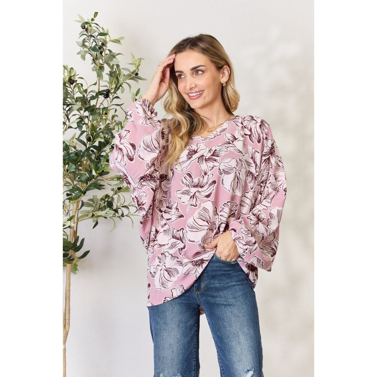 Heimish Full Size Floral V-Neck Balloon Sleeve Blouse