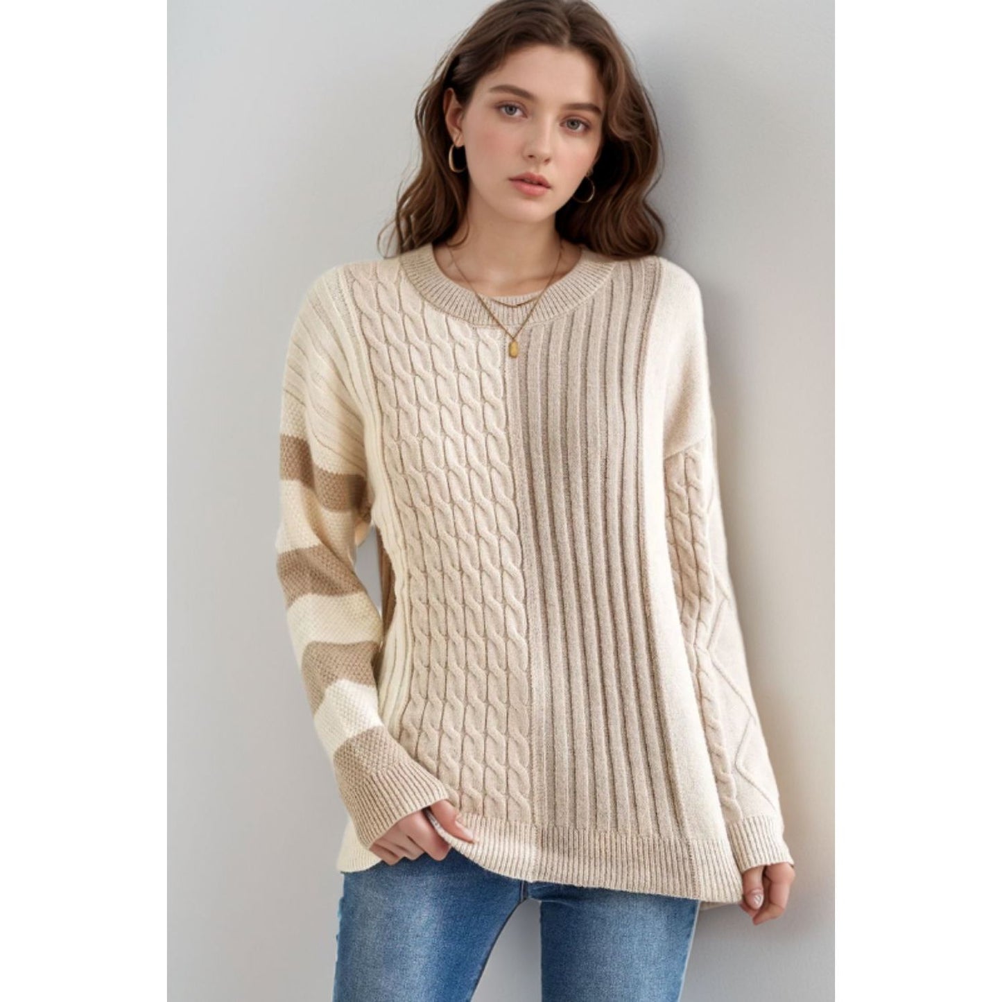 Cable-Knit Color Block Round Neck Sweater