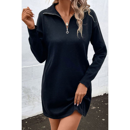 Perfee Quarter-Zip Dropped Shoulder Knit Dress