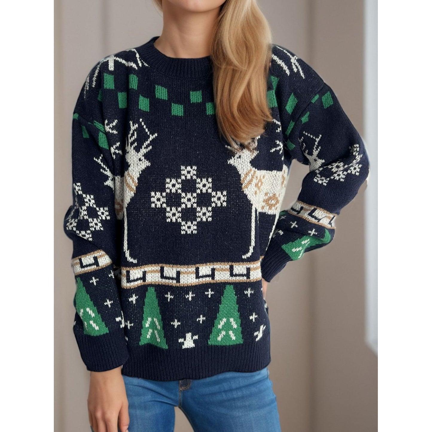 Christmas Element Round Neck Long Sleeve Sweater