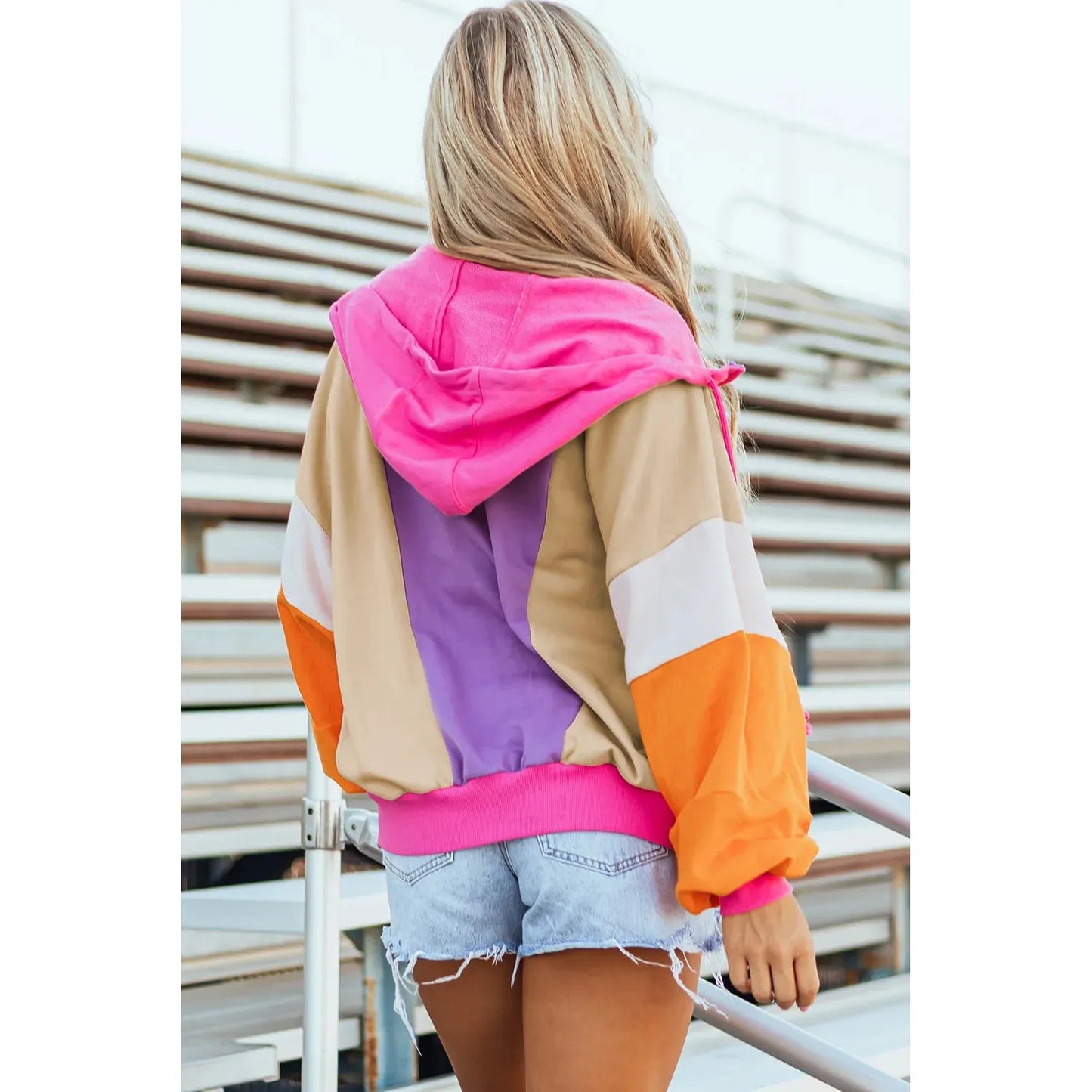 Drawstring Color Block Zip Up Long Sleeve Hoodie