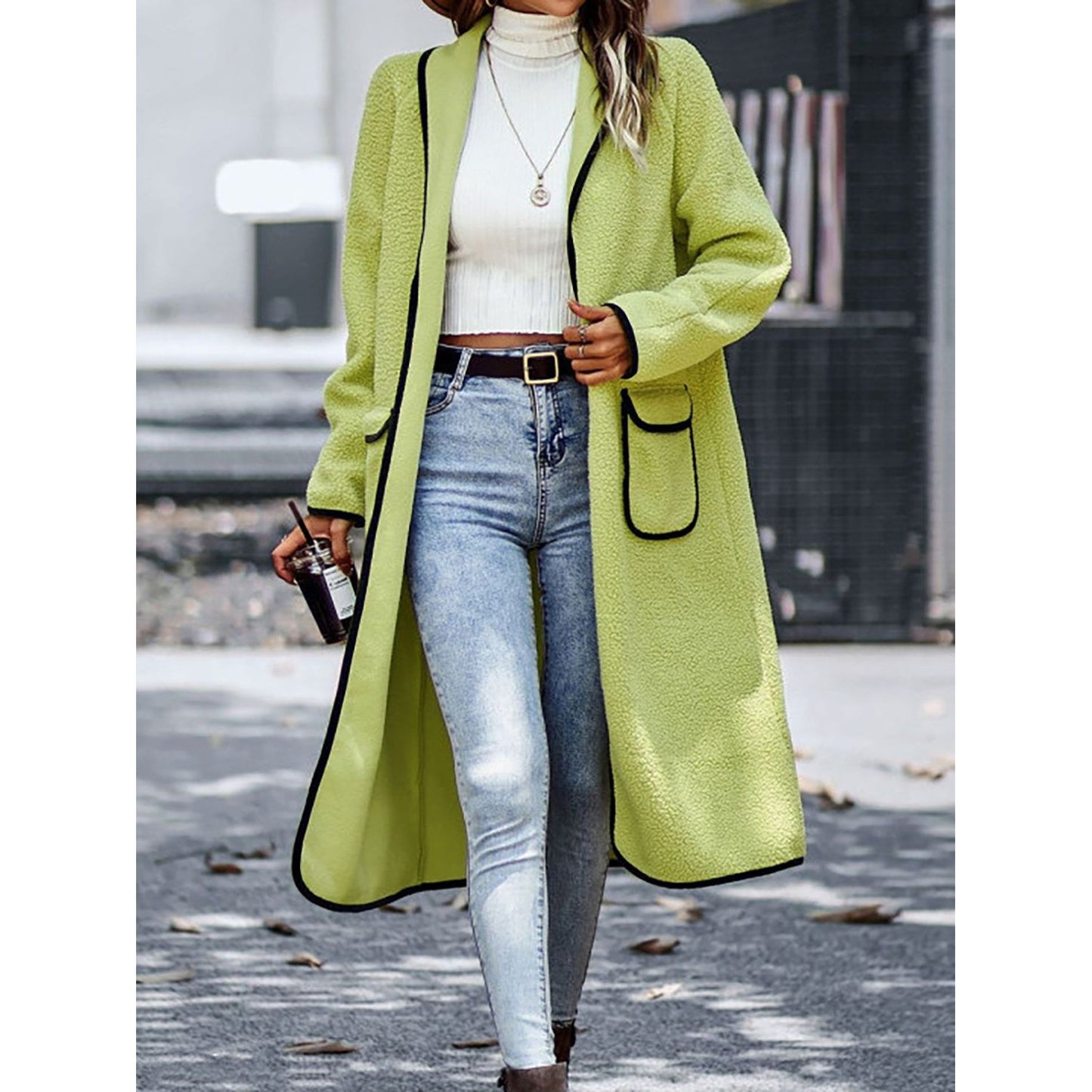 Full Size Contrast Trim Long Sleeve Coat with Pockets