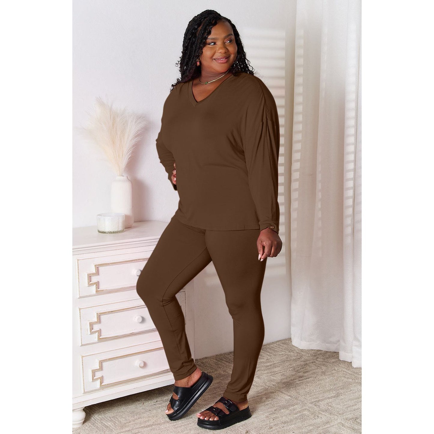 Basic Bae Full Size V-Neck Soft Rayon Long Sleeve Top and Pants Lounge Set