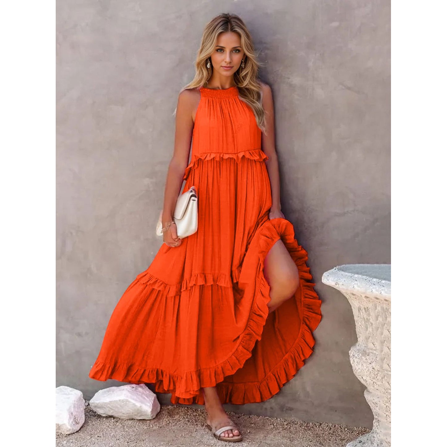 Ruffled Sleeveless Tiered Maxi Dress with Pockets