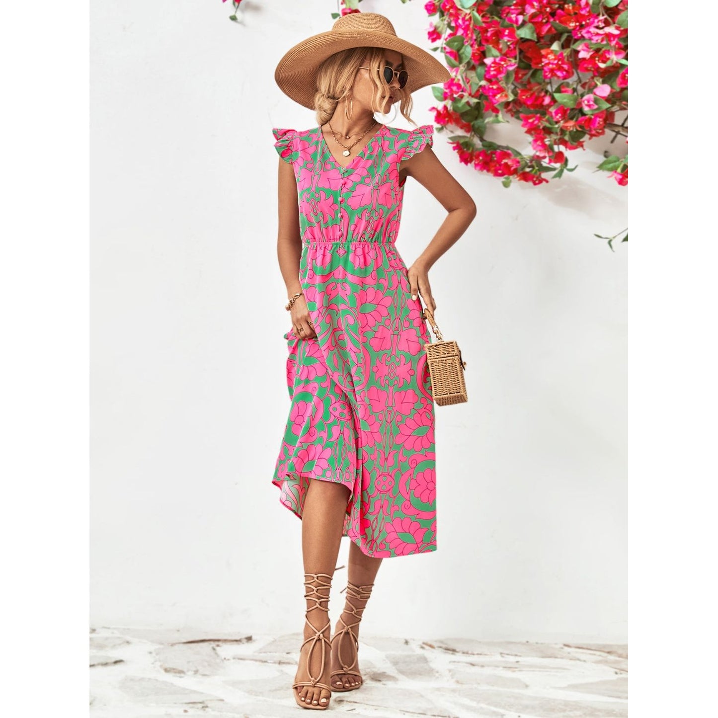 Printed V-Neck Cap Sleeve Dress