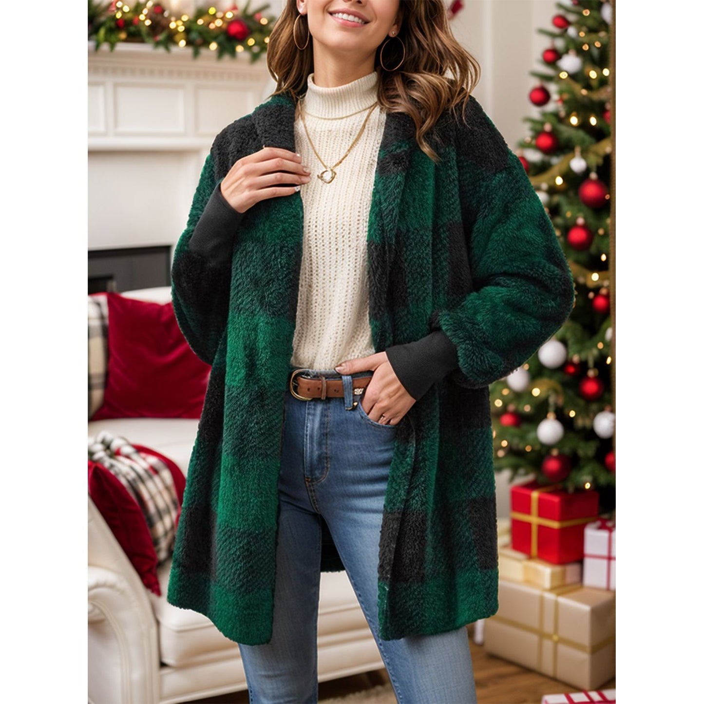 Plaid Long Sleeve Hooded Coat