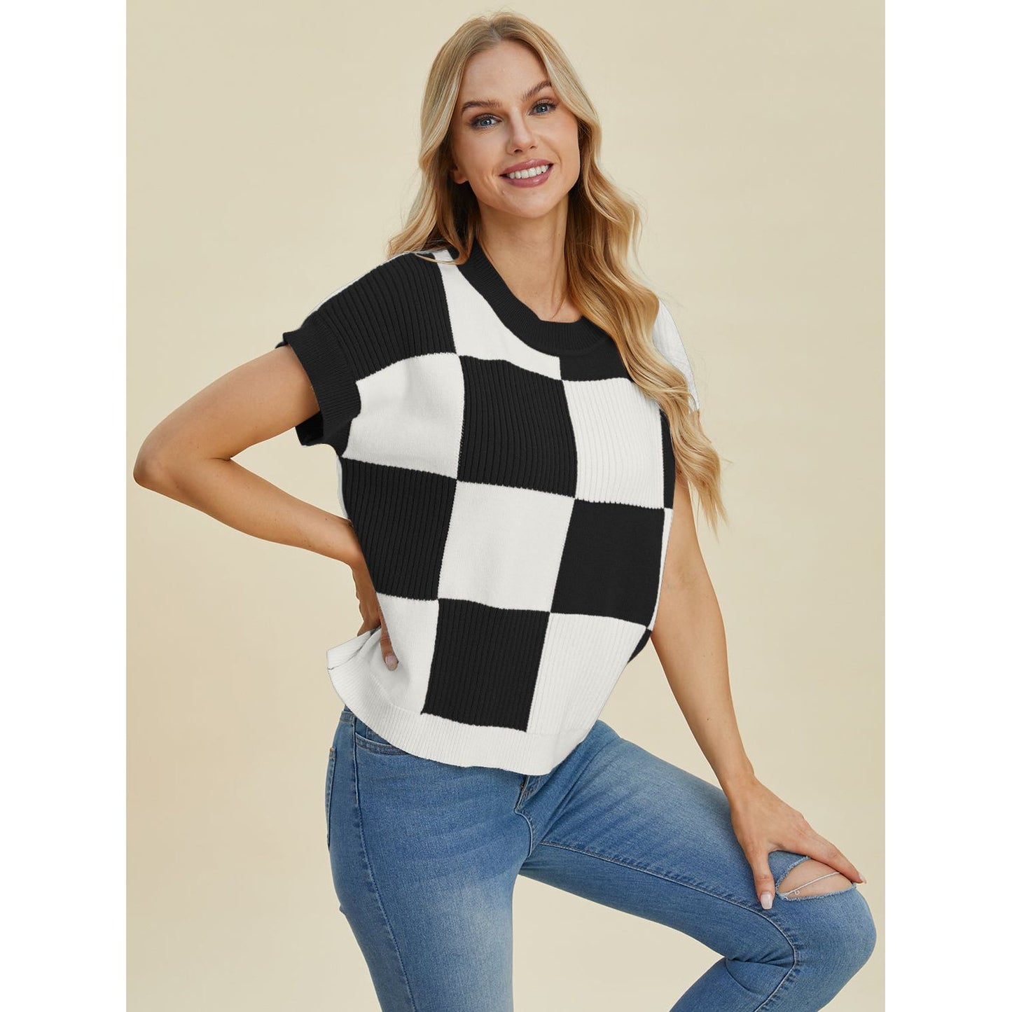 Double Take Full Size Checkered Round Neck Short Sleeve Sweater