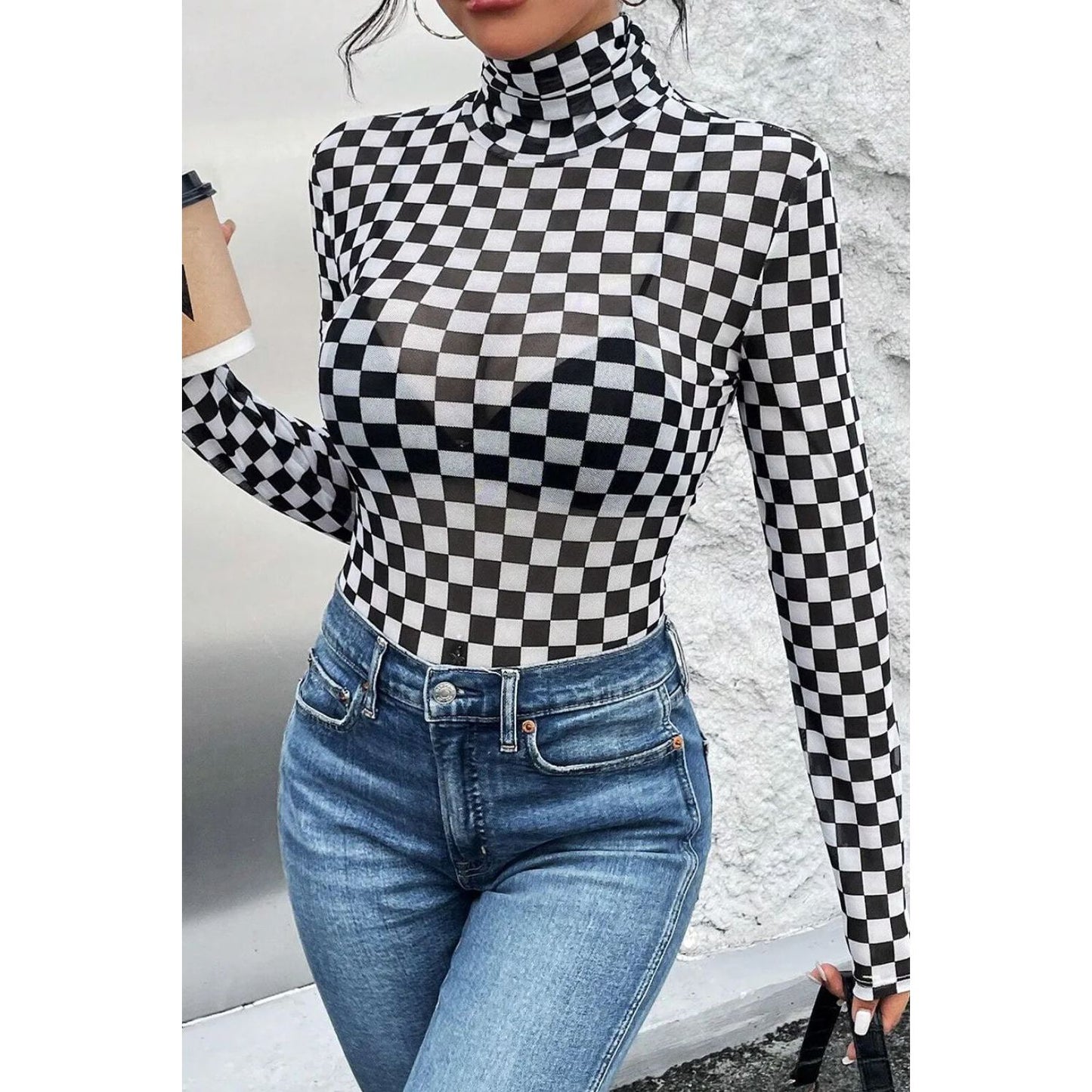 Checkered Turtleneck Long Sleeve Bodysuit