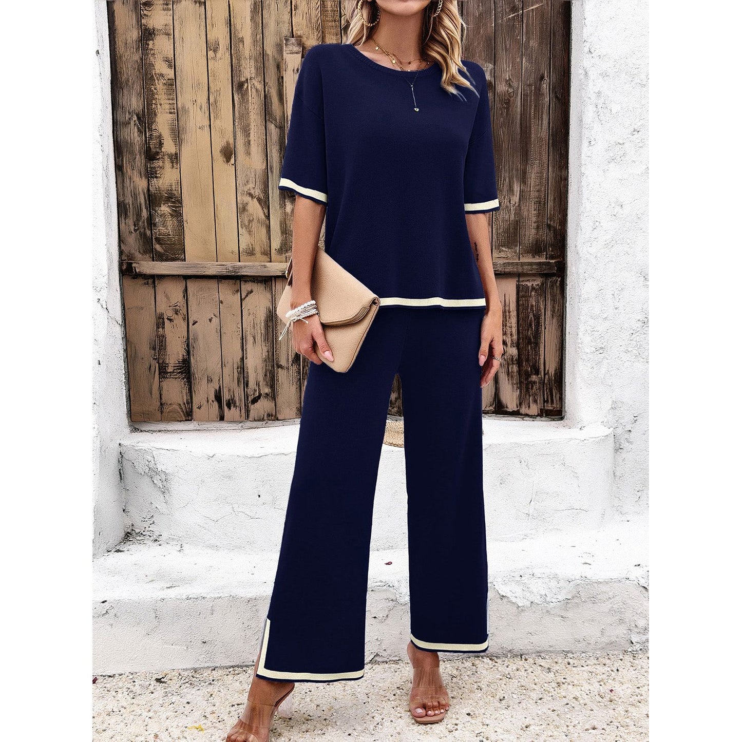 Contrast Trim Round Neck Top and Pants Set