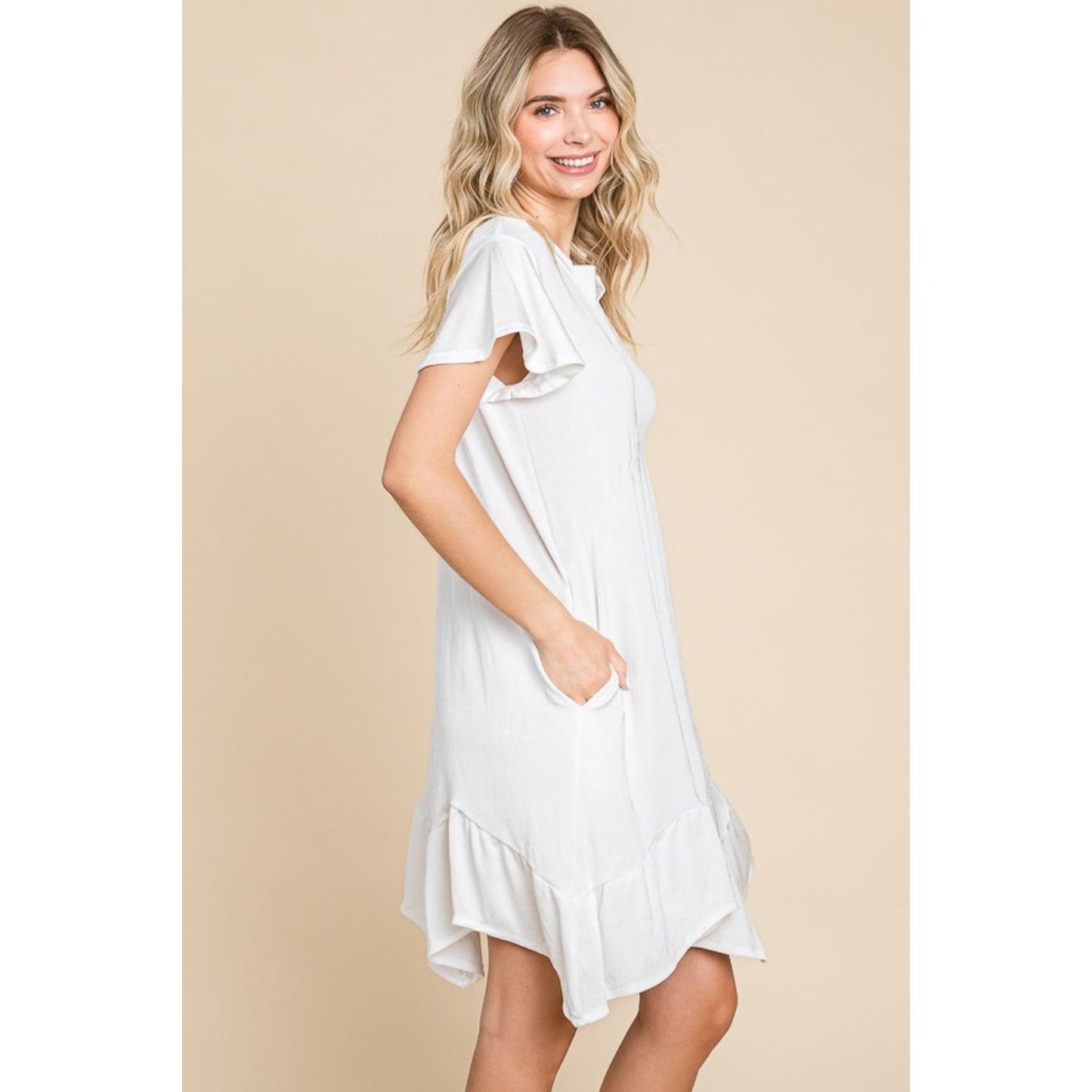 Culture Code Full Size Short Sleeve Ruffled Asymmetric Hem Dress