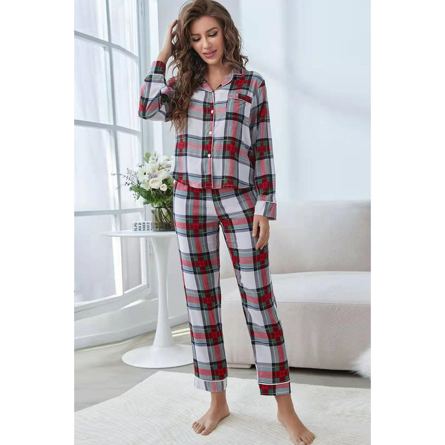 Plaid Button Front Top and Pants Lounge Set