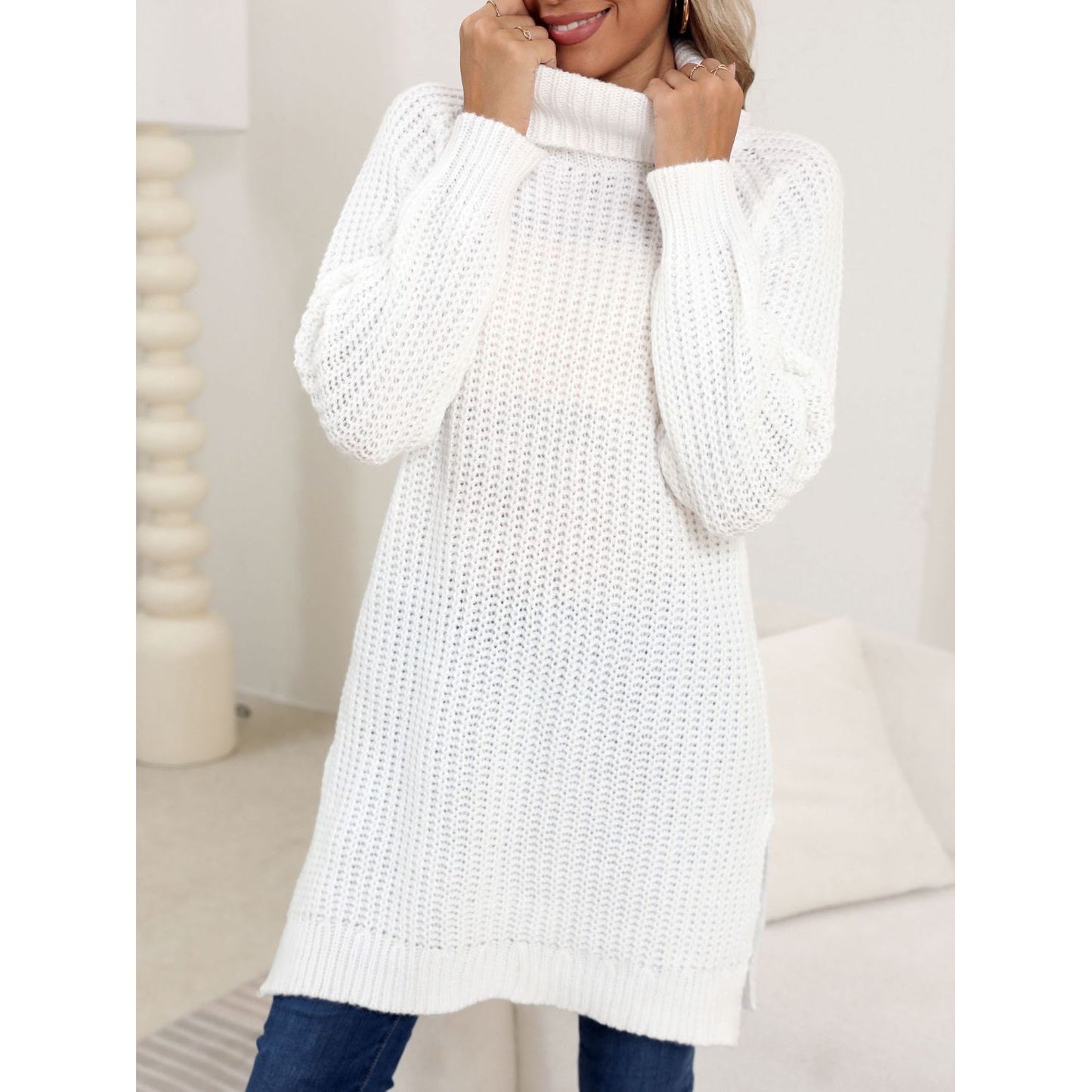 Slit Turtleneck Long Sleeve Sweater