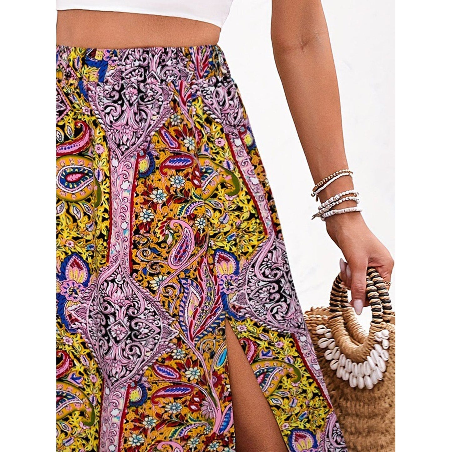 Slit Printed Elastic Waist Skirt