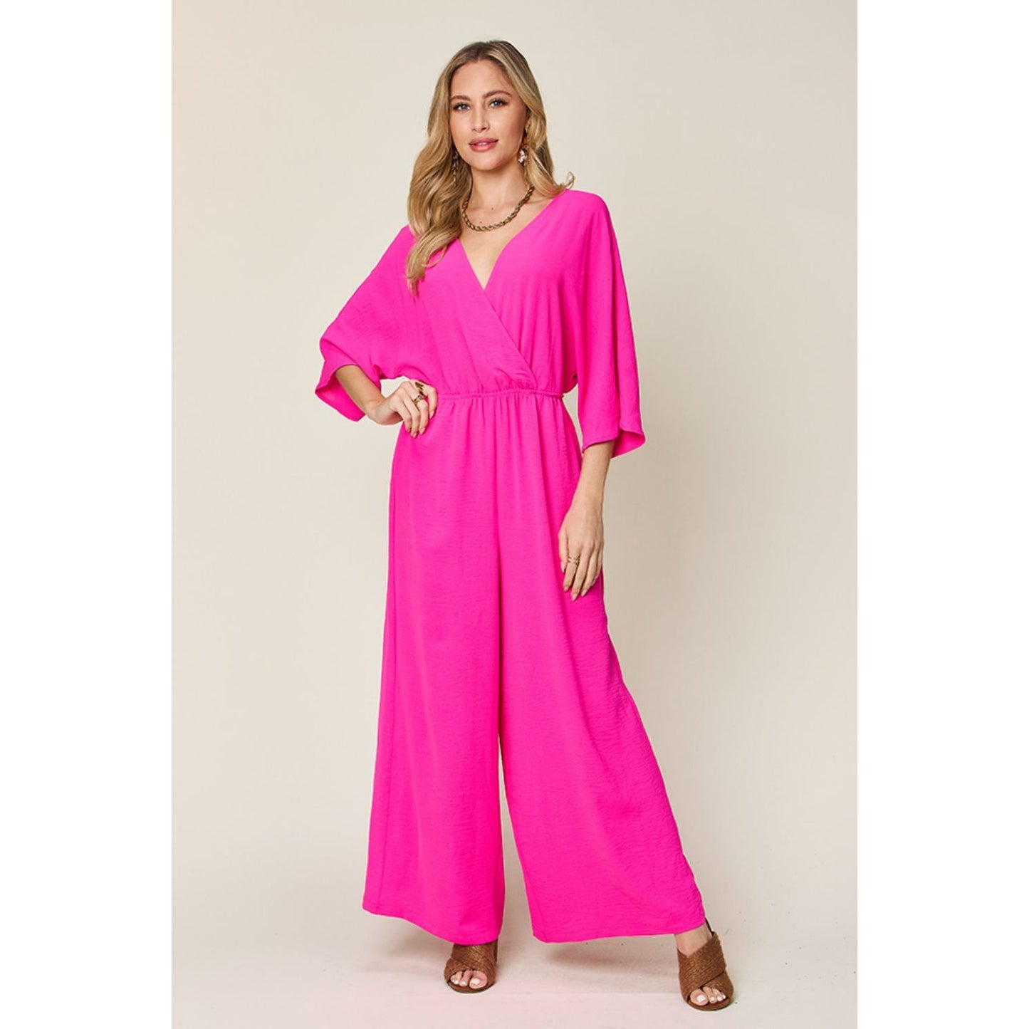 Double Take Full Size Surplice Wide Leg Jumpsuit with Pockets