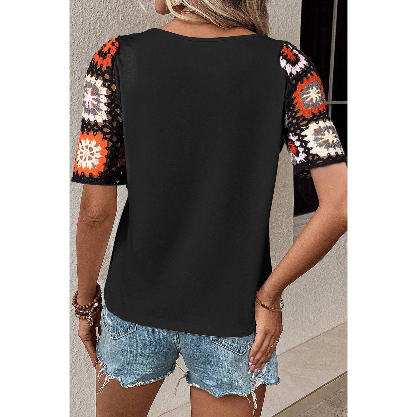 Geometric Round Neck Short Sleeve Blouse