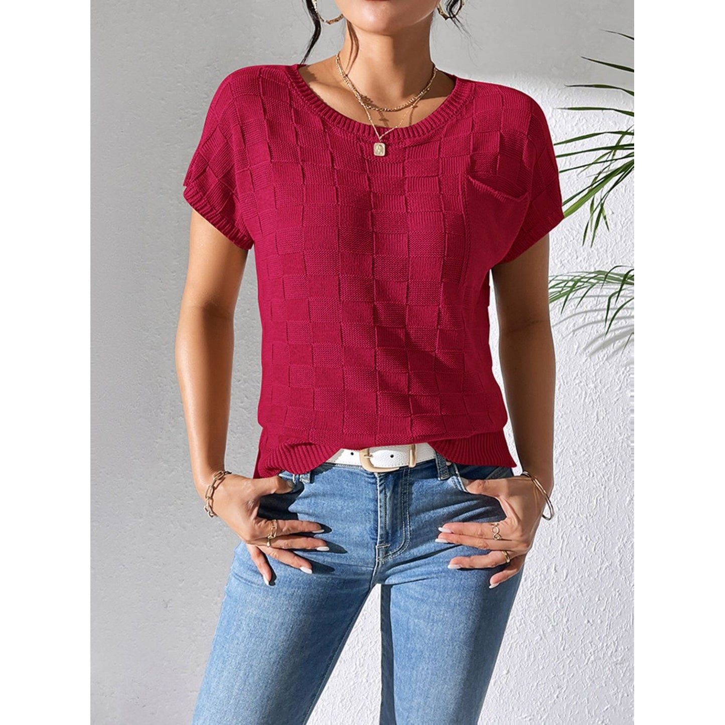 Round Neck Short Sleeve Knit Top