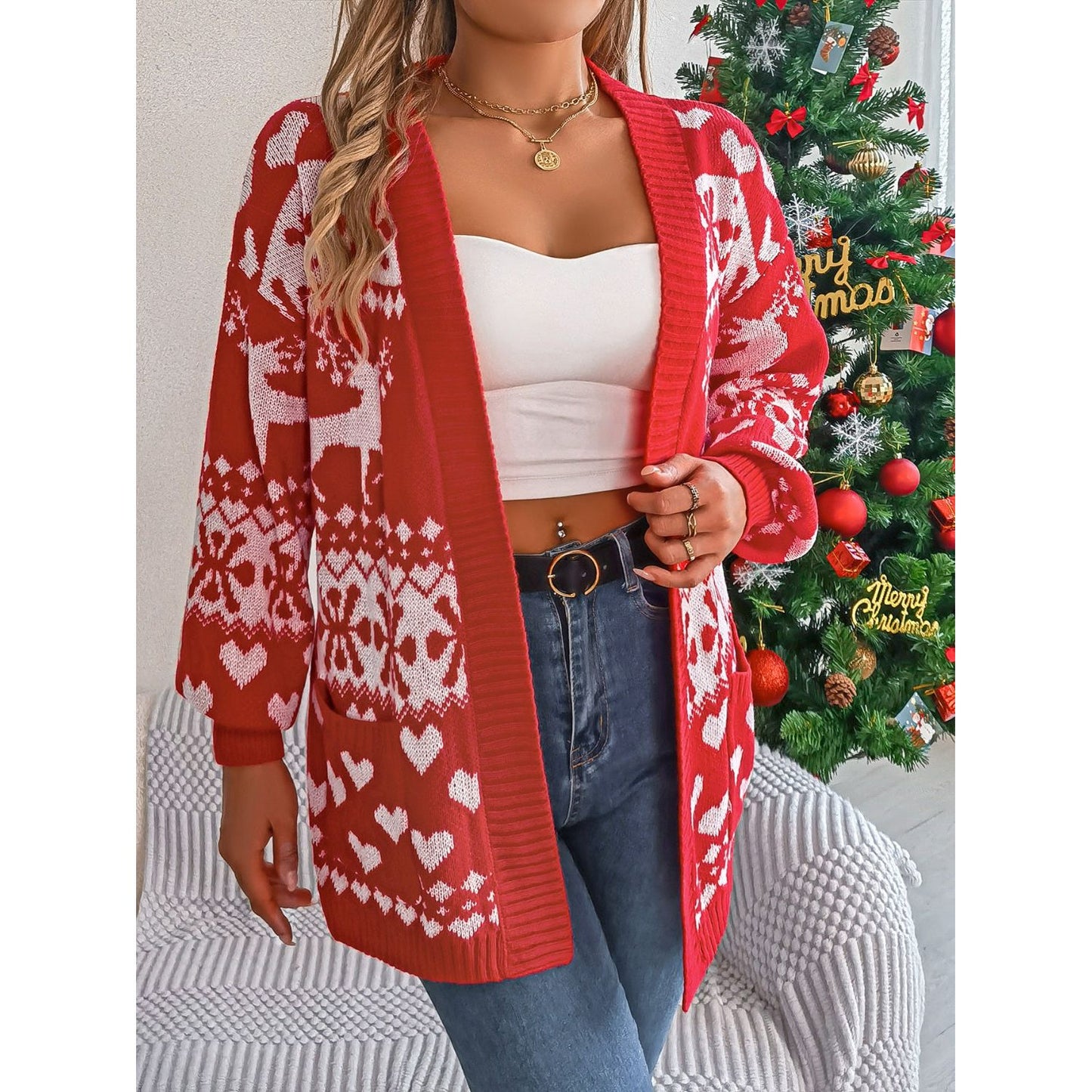 Pocketed Open Front Long Sleeve Cardigan