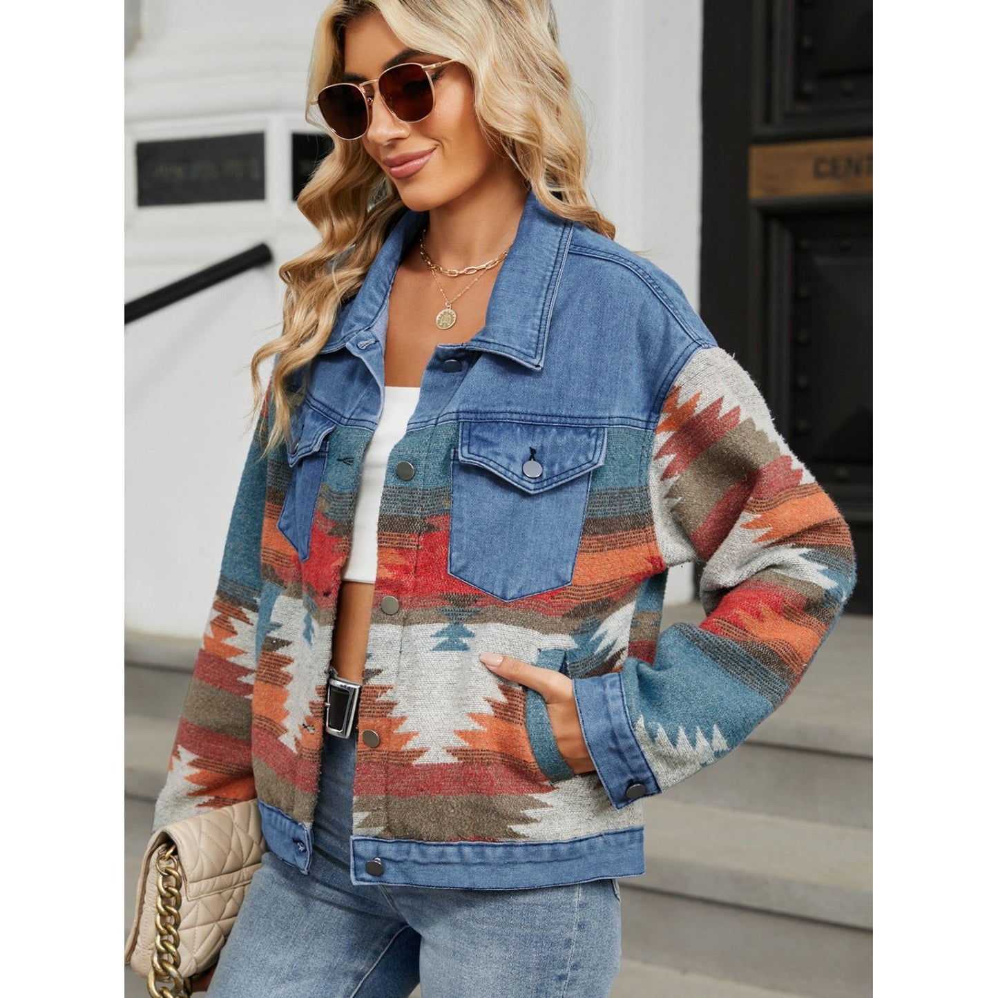 Geometric Button Up Long Sleeve Denim Jacket