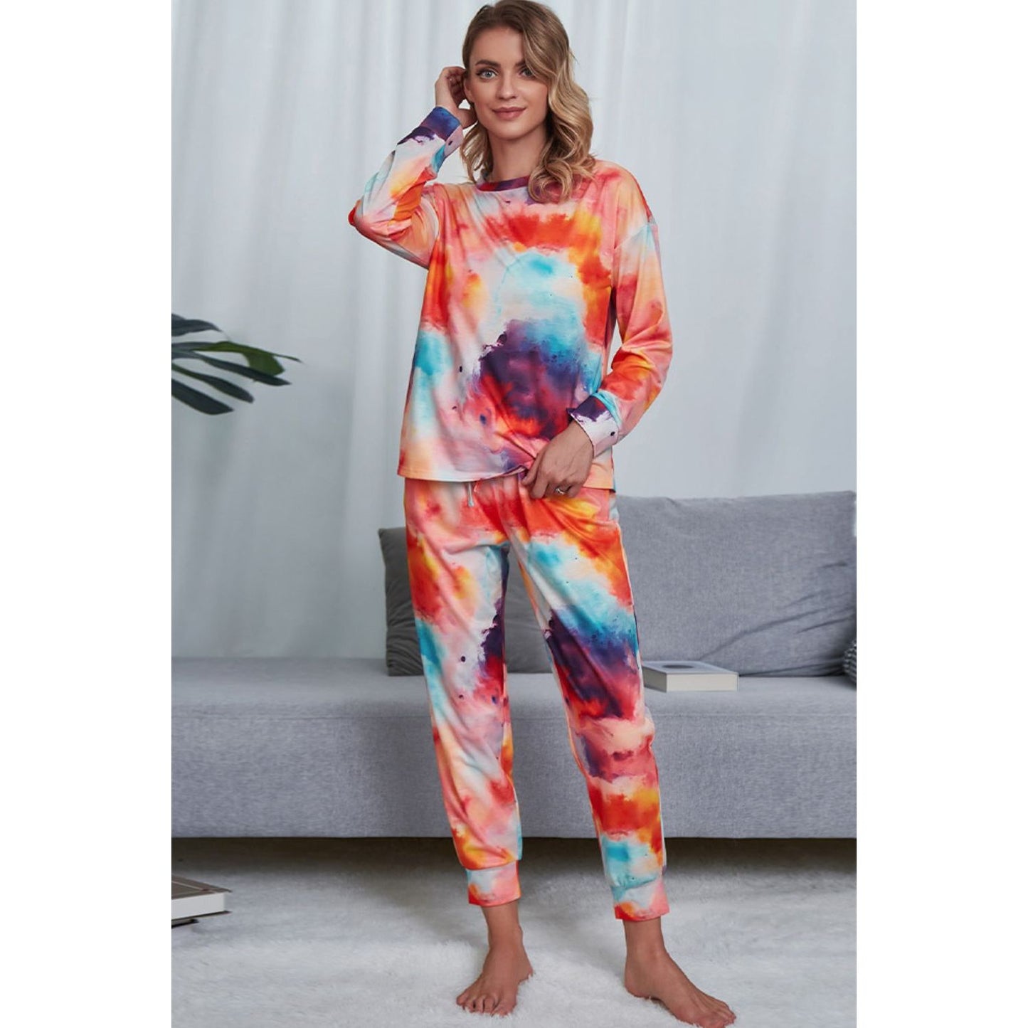 Shiny Tie-Dye Crewneck Top and Drawstring Waist Joggers Lounge Set