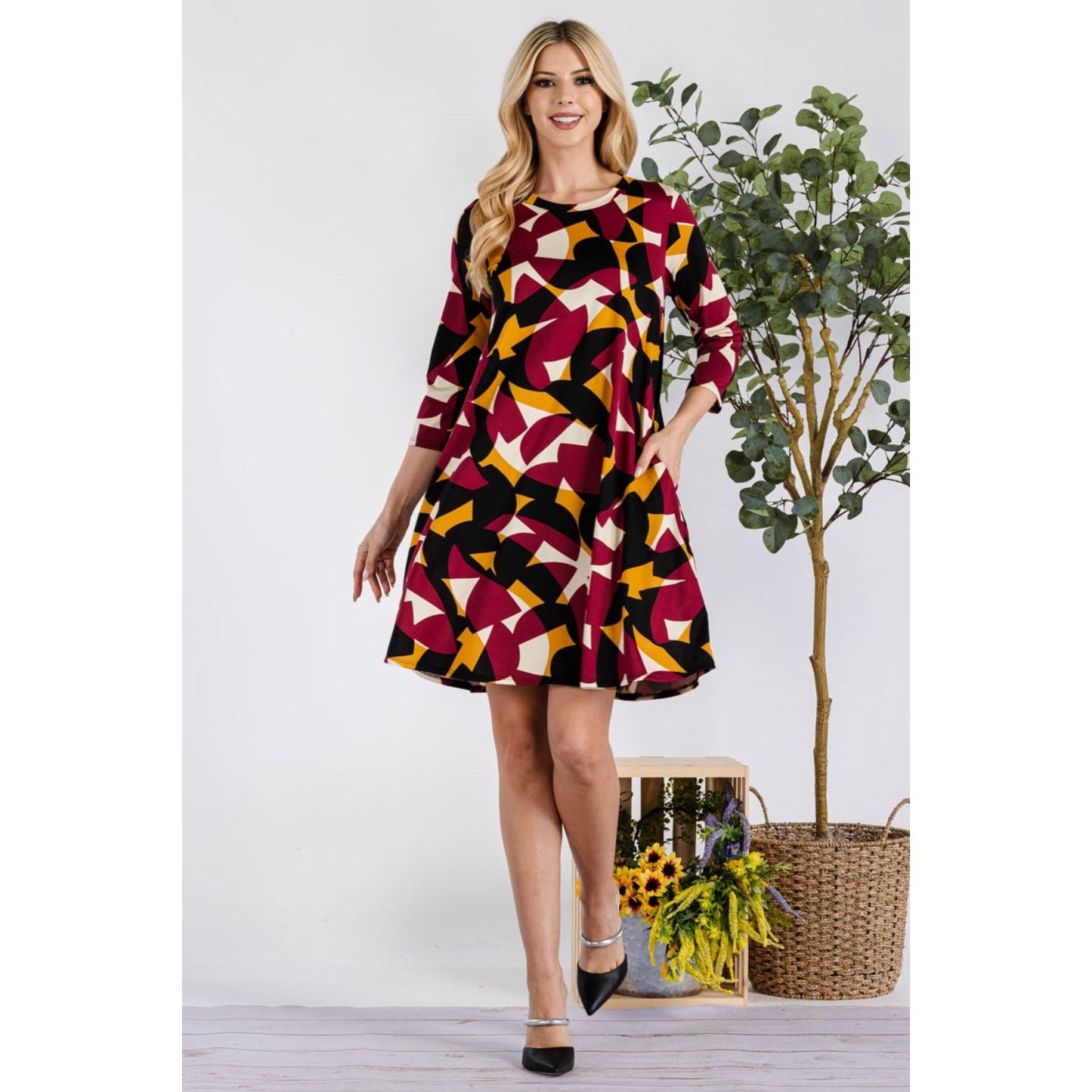 Celeste Full Size Geometric Round Neck Dress with Pockets