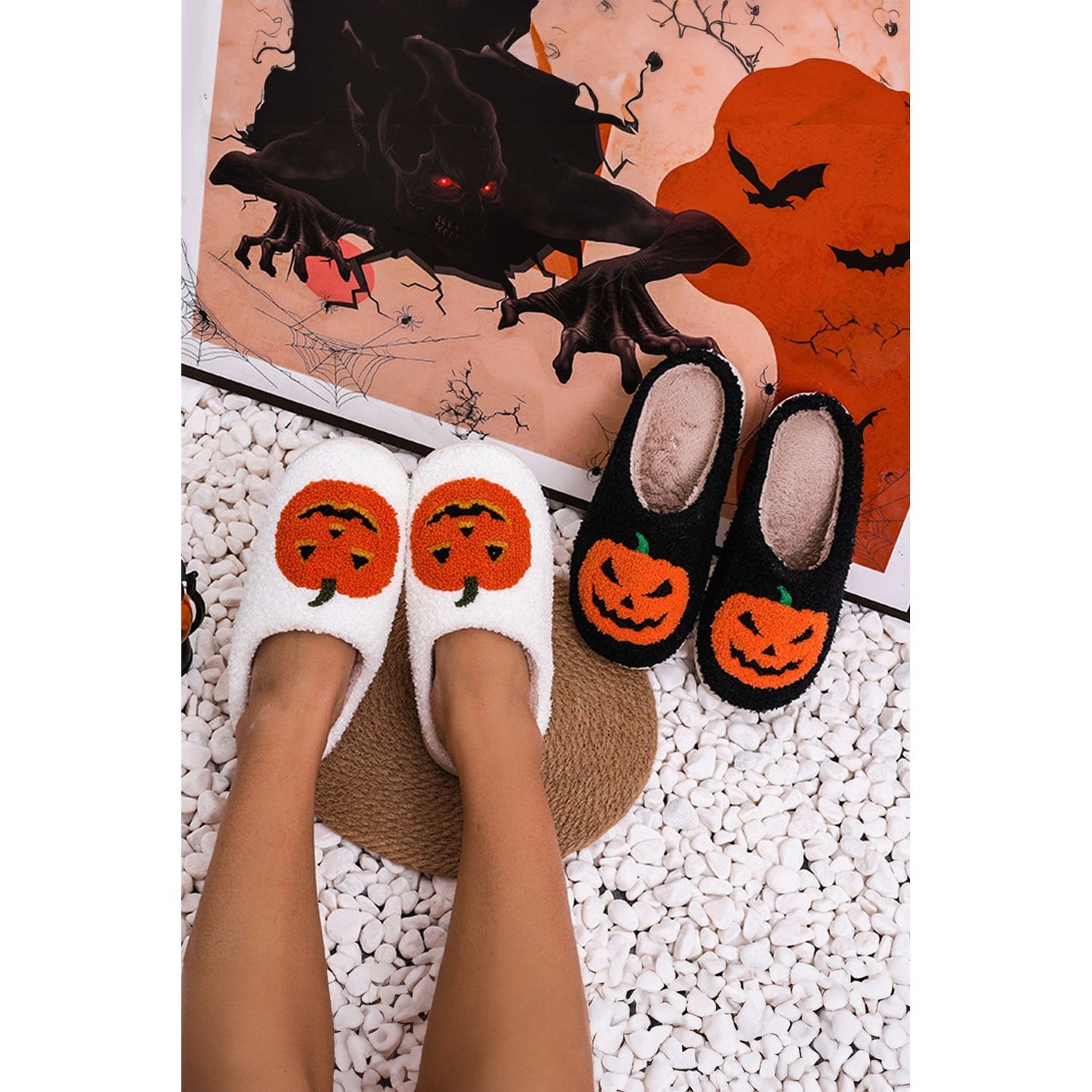 White Halloween Pumpkin Print Plush Slippers (Runs Small, Size Up)