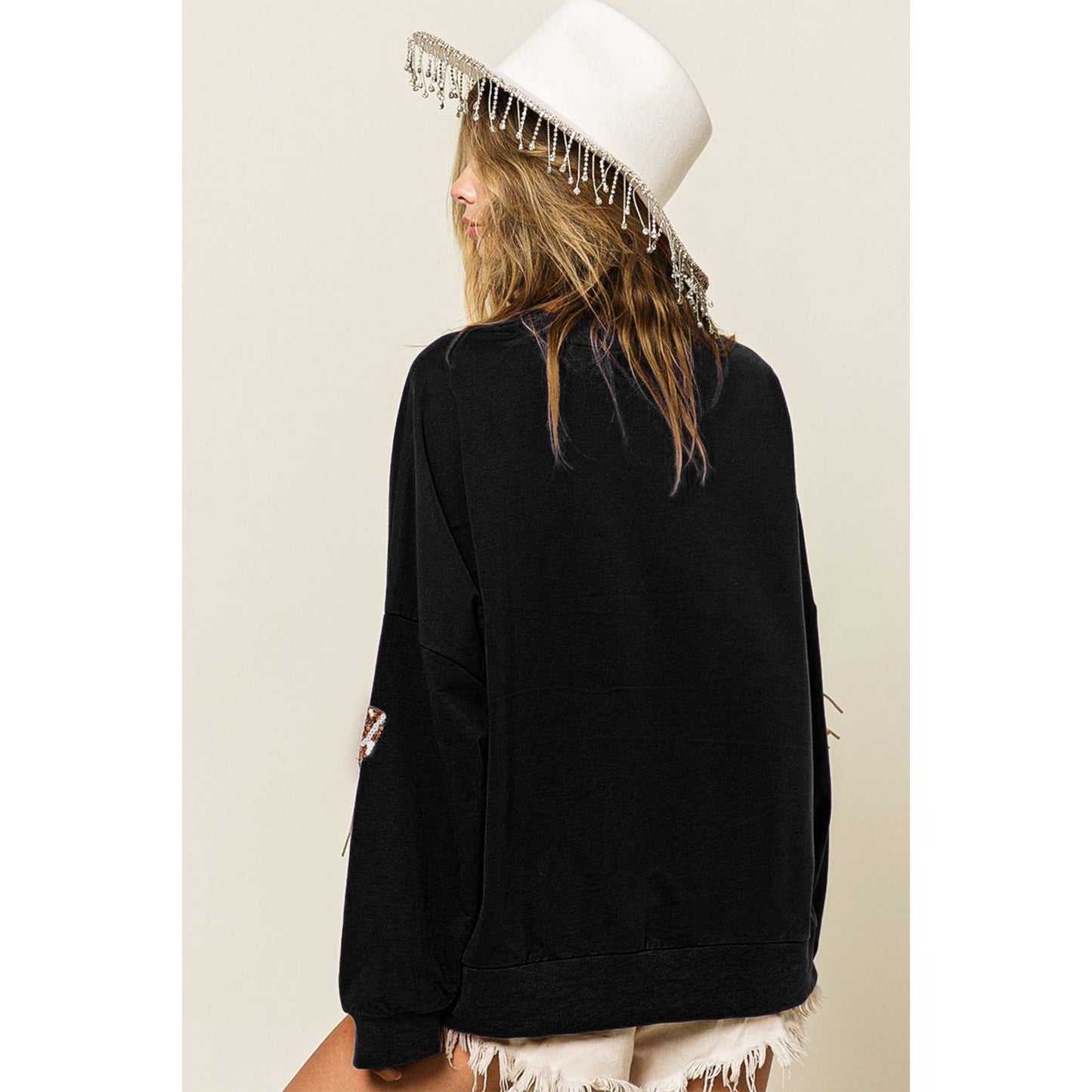 BiBi Sequin Fringe Football Patch Round Neck Sweatshirt