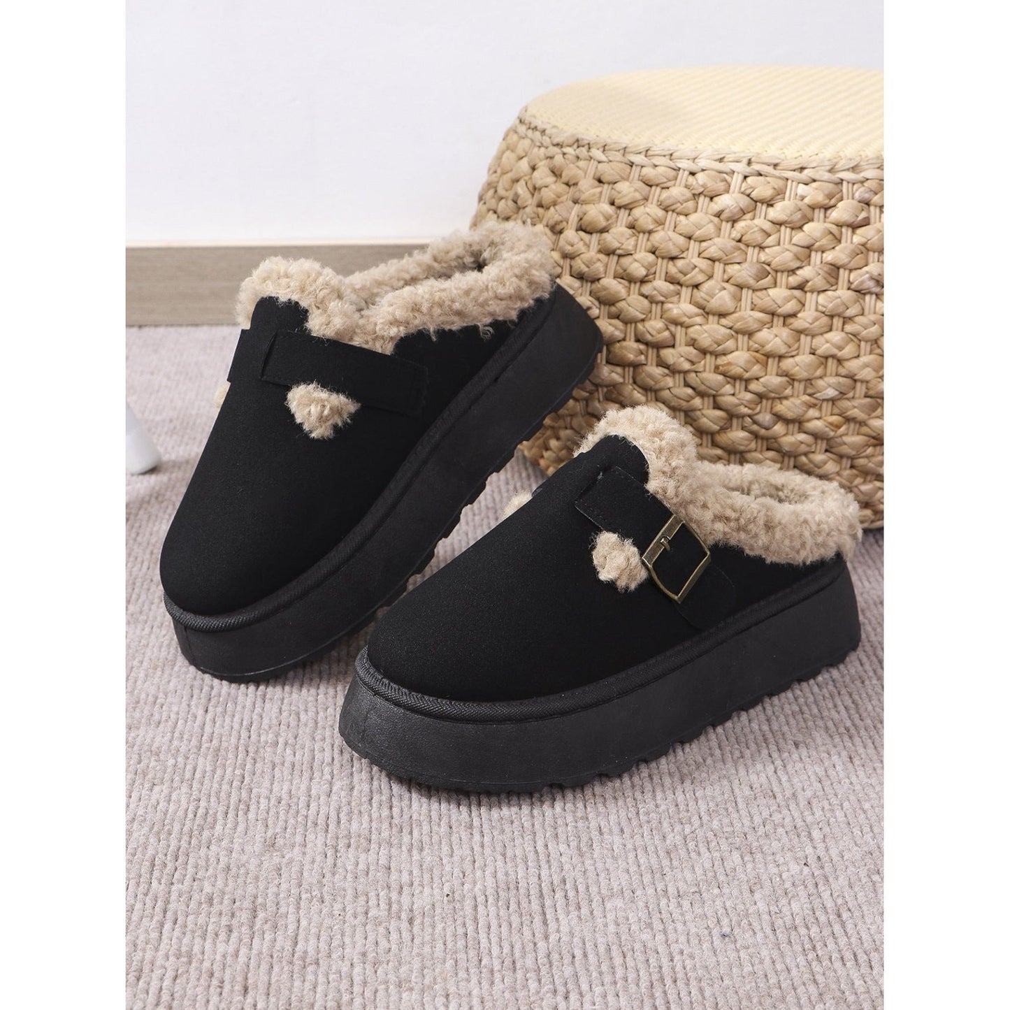 Thermal Fuzzy Buckle Platform Slippers