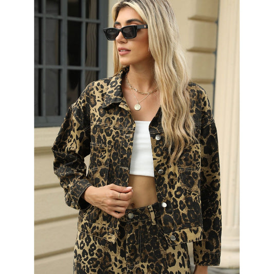 Pocketed Leopard Long Sleeve Denim Jacket