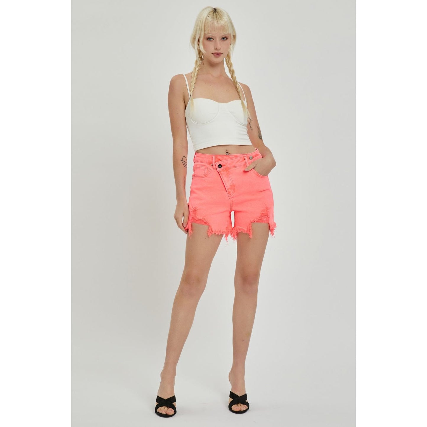 RISEN Raw Hem Asymmetrical Waist Denim Shorts