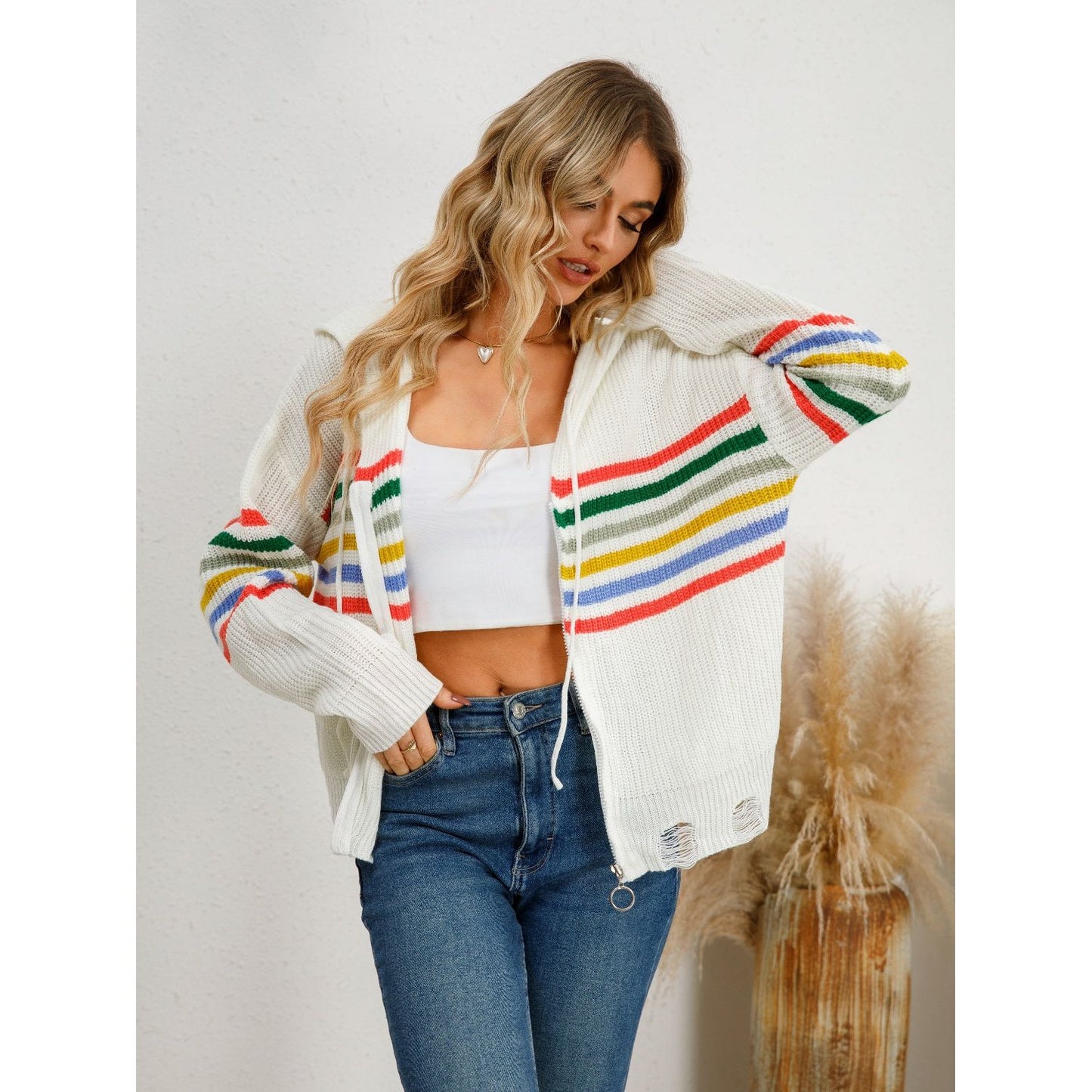 Drawstring Striped Dropped Shoulder Hooded Cardigan