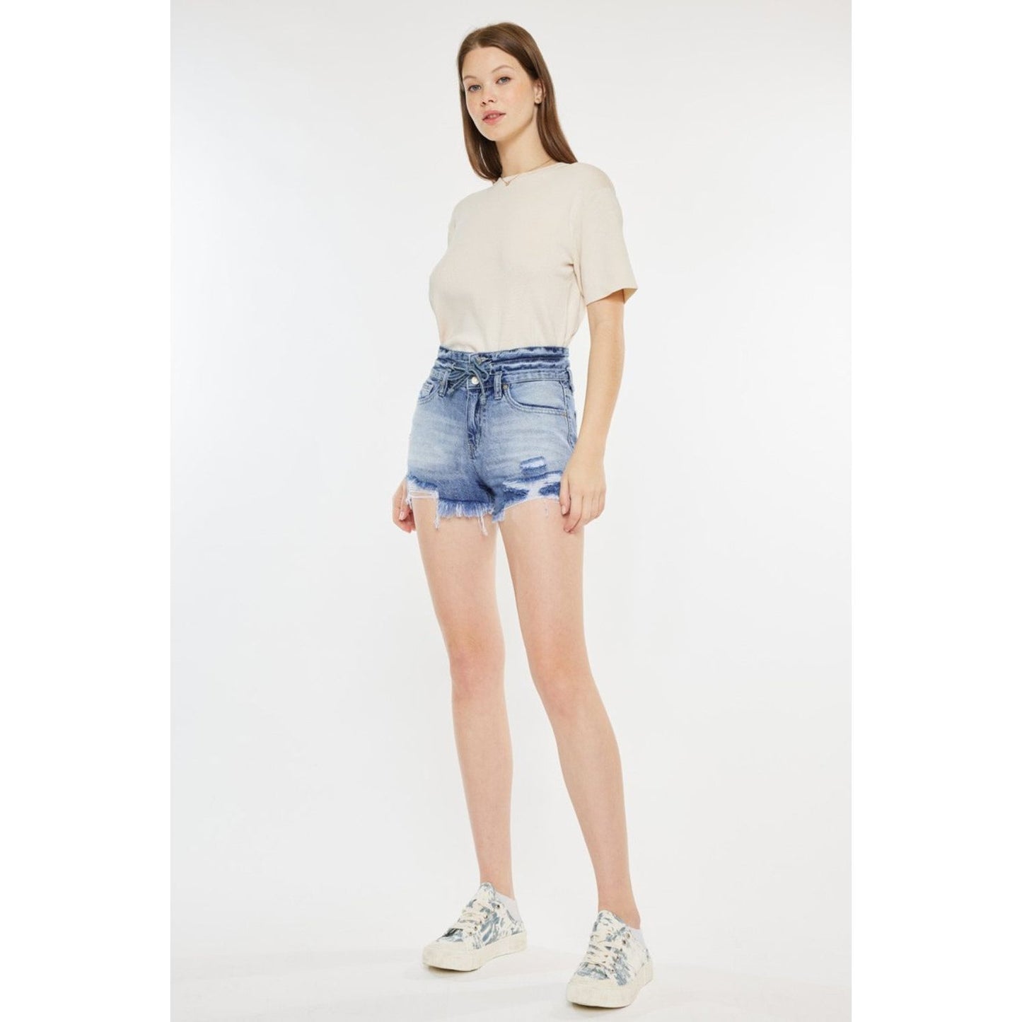 Kancan High Rise Frayed Hem Denim Shorts