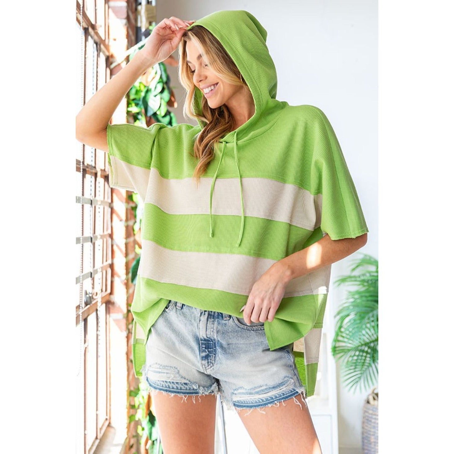 First Love Color Block Short Sleeve Hooded Top