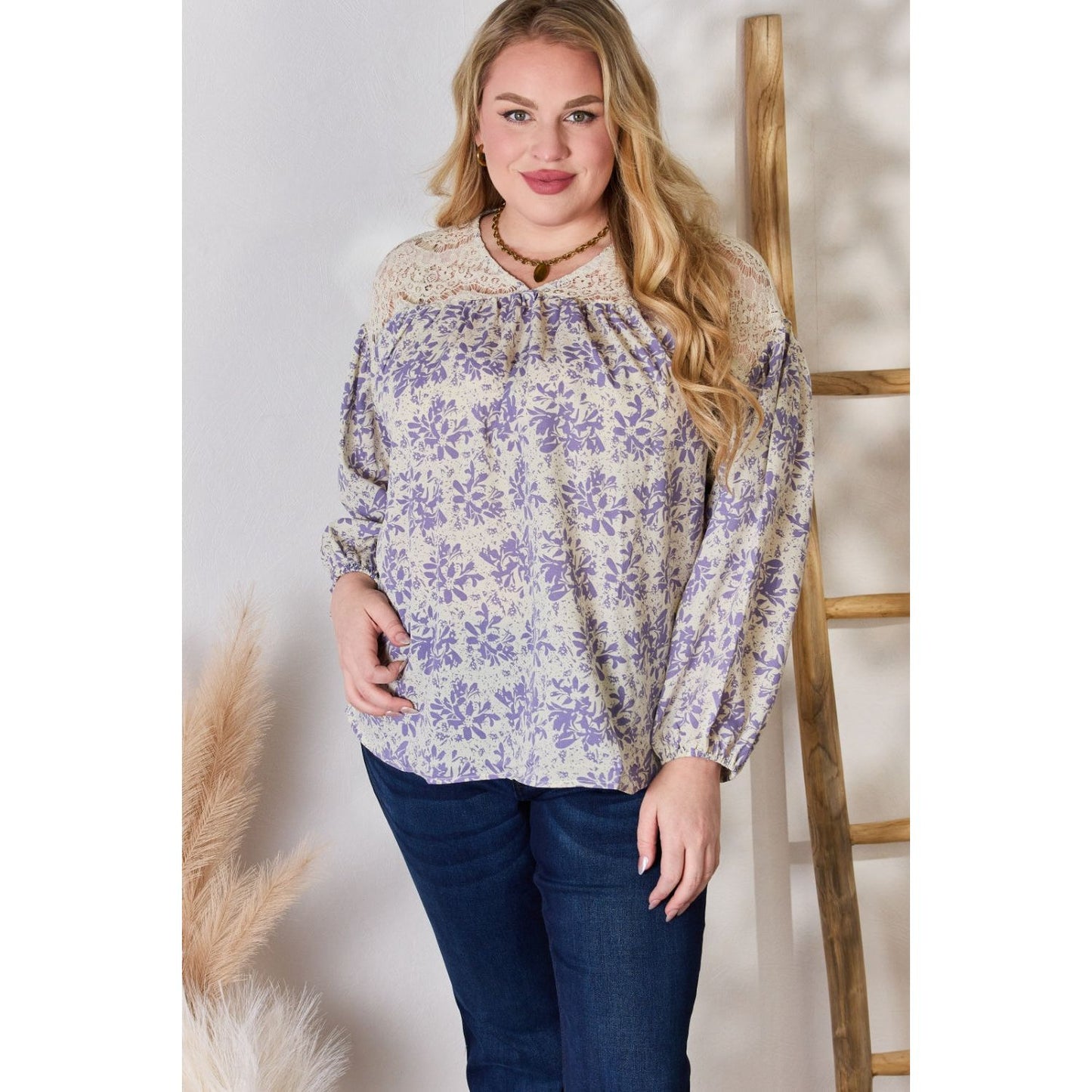 Hailey & Co Full Size Lace Detail Printed Blouse